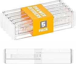 Yieach Pacote com 5 divisórias de gaveta de acrílico rasas de 8 cm para roupas, expansível de 30 a 43 cm, divisória de gaveta ajustável para roupas de bebê, roupas íntimas, separadores de gaveta