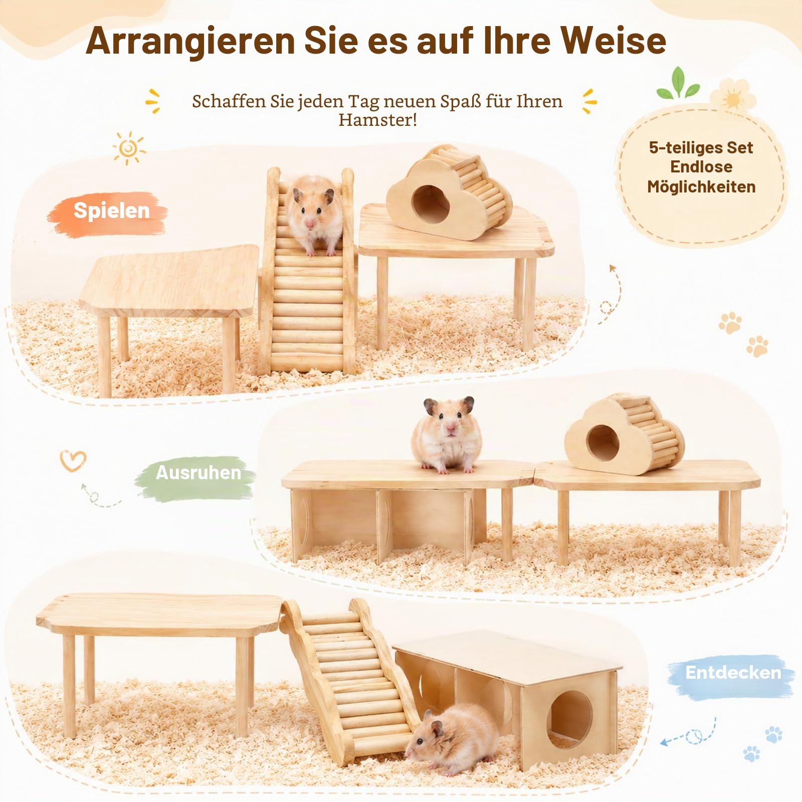 Hamster Plattform 5er Set, Hamster Spielzeug mit Plattform, Fächerplattform, Wellenleiter, Verstecktunnel & Wolkenhaus, Hamster Zubehör aus Naturholz für Meerschweinchen Chinchilla Kleintiere Käfig