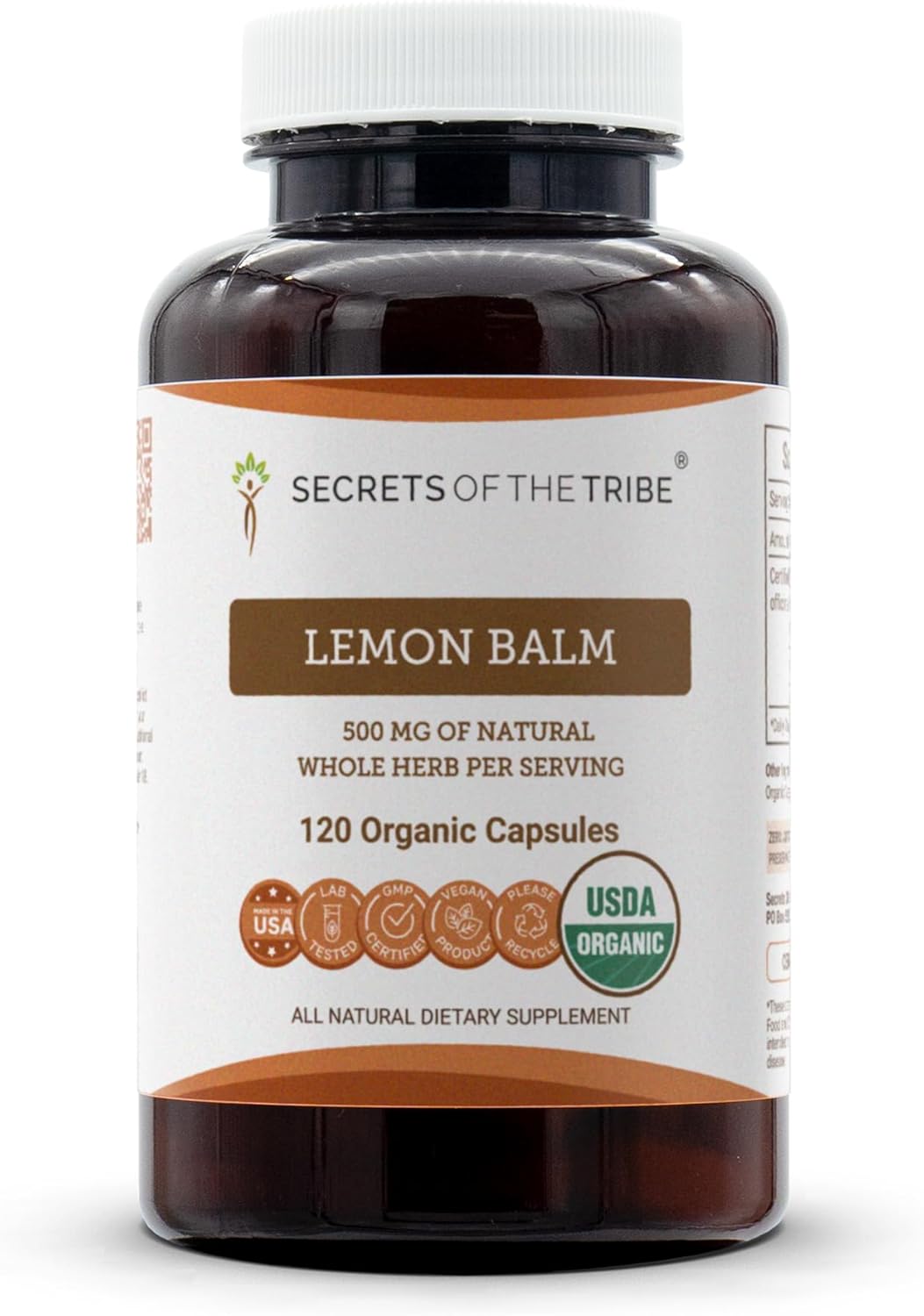 Secrets of the Tribe Lemon Balm USDA Organic Capsules | Certified Organic Vegetarian Capsules, Herbal Dietary Supplement | Melissa officinalis Dried Leaf (60 Count)