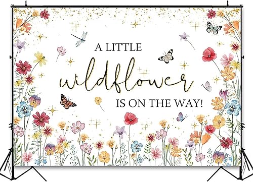 Miniatura 3 de Avezano Decoraciones de flores silvestres para baby shower con texto en inglés "A Little Wildflower is On The Way", telón de fondo para baby shower