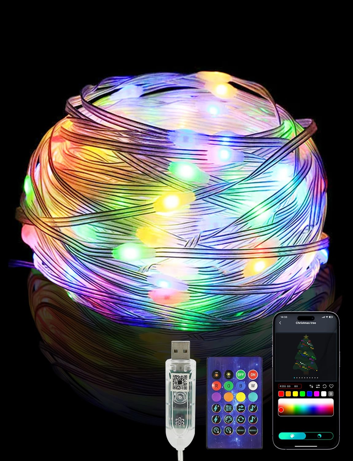 AGOTD Lichterkette 10m 100LED RGB, Stromversorgung über USB, APP-Steuerung/Fernbedienung, Musik Sync, WLAN/Bluetooth-USB Lichterkette für Garten Hochzeit Halloween Weihnachten Balkone Party