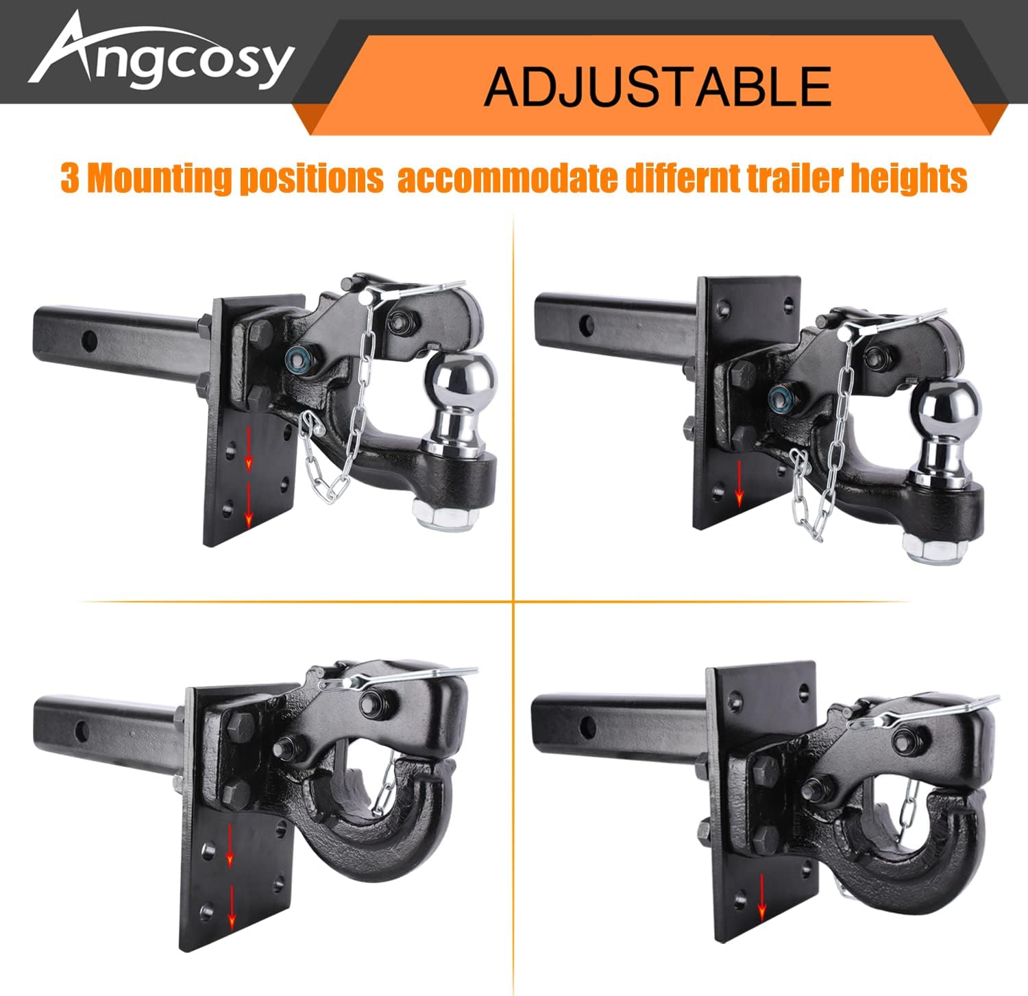 3-Position Pintle Mount for 2" Hitch Receiver, 10,000 lbs, 9-Inch Length, Black