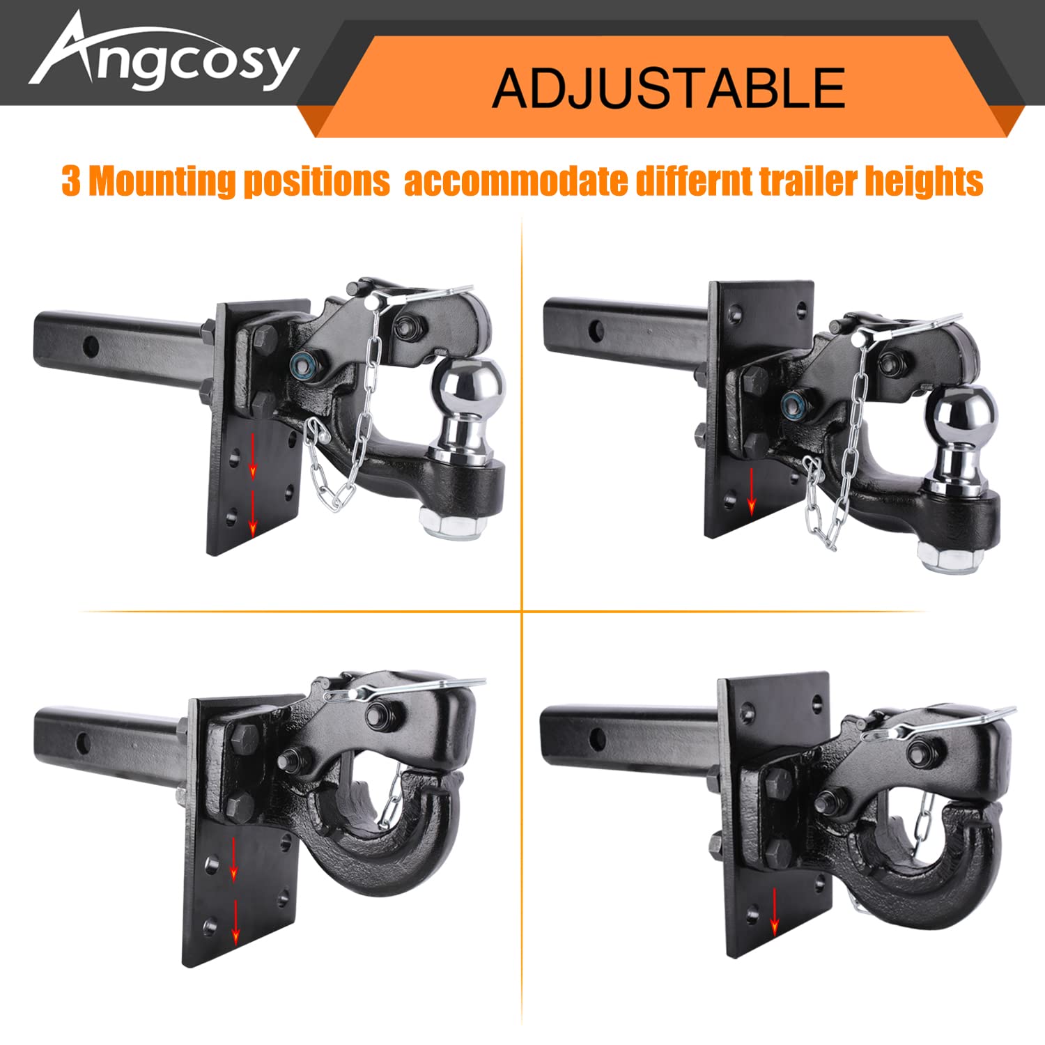 ANGCOSY 3-Position Pintle Mount for 2" Hitch Receiver, 10,000 lbs, 9-Inch Length, Black