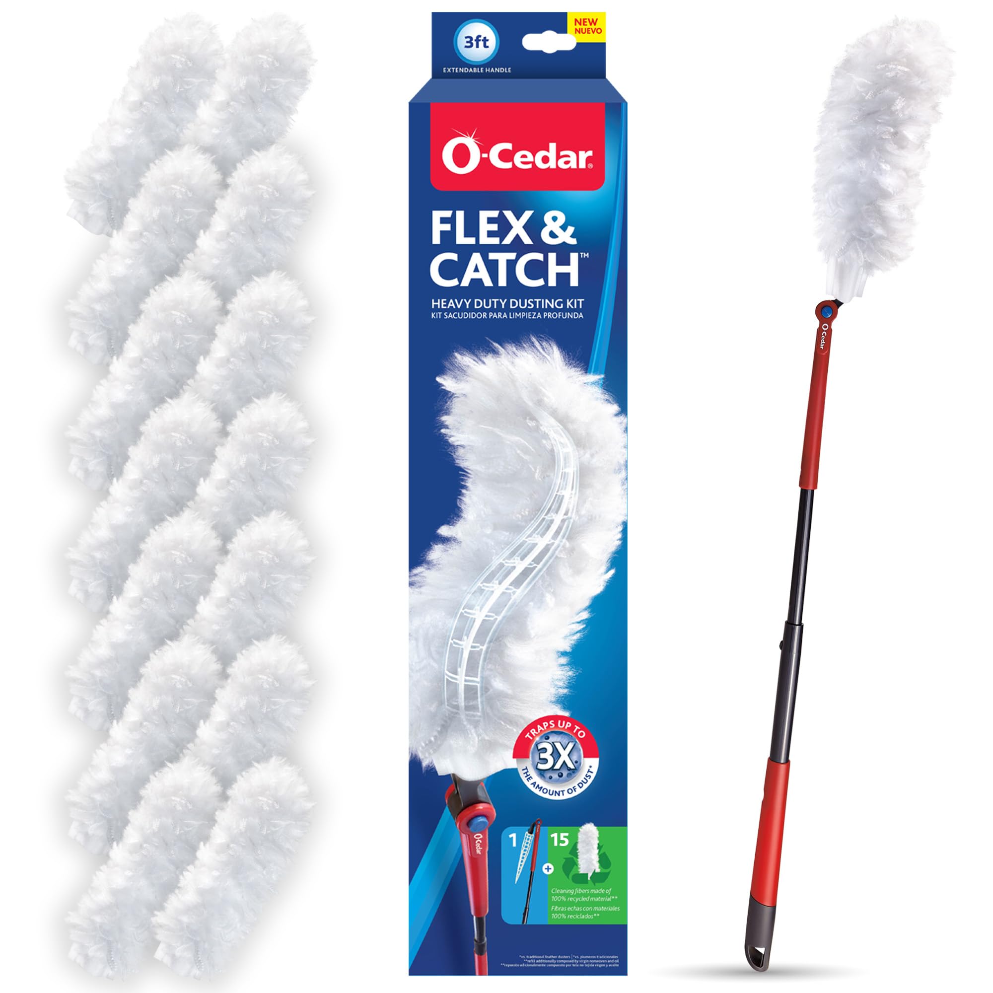 O-Cedar Flex & Catch Heavy Duty Dusting Kit with 15 Disposable Duster Refills | Flexible Duster Starter Set with Extendable 3 Feet Handle | Traps 3X More Dust Than Traditional Feather Duster