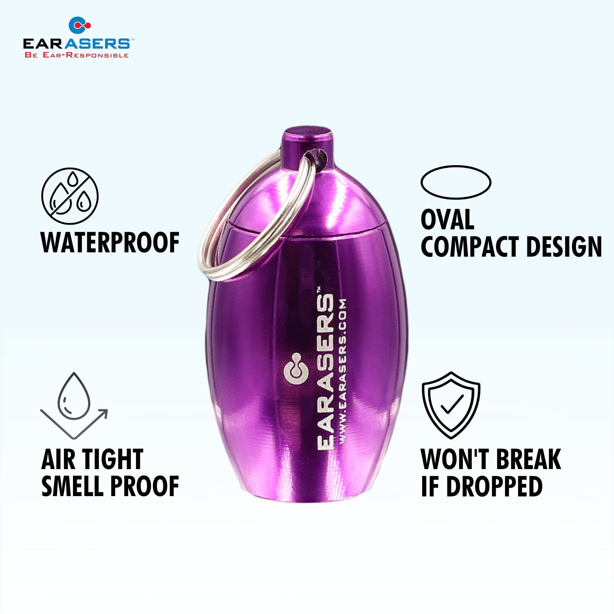 EARasers Earplugs Keychain Carrying Case - Aluminum Waterproof Ear Plugs and Pills Holder (Purple)