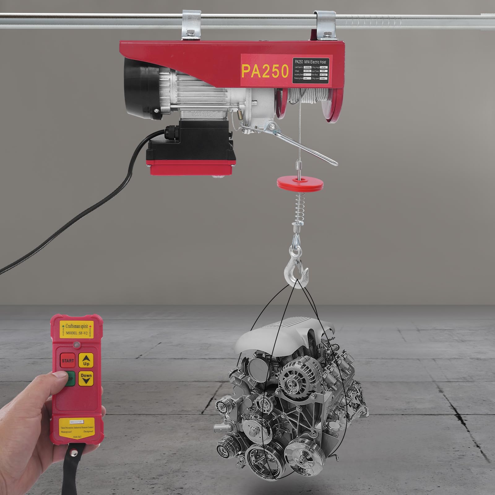 Cabrestante eléctrico, polipasto eléctrico, polea eléctrica con mando a distancia inalámbrico, cable eléctrico, suspensión simple y doble (250 kg)
