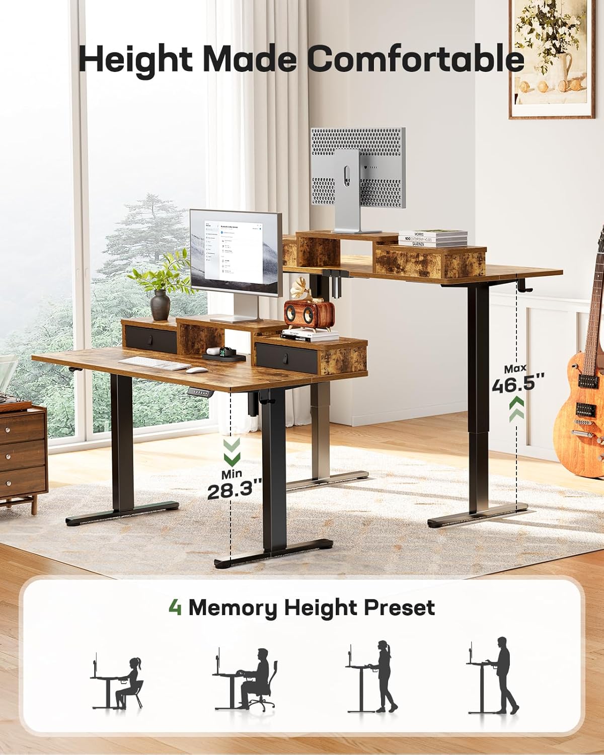 Marsail 48″ x 24″ Electric Standing Desk with Drawers, Height Adjustable Sit Stand Up Desk with Storage Shelf, Ergonomic Home Office & Computer Table with 4 Memory Heights, Rustic Brown