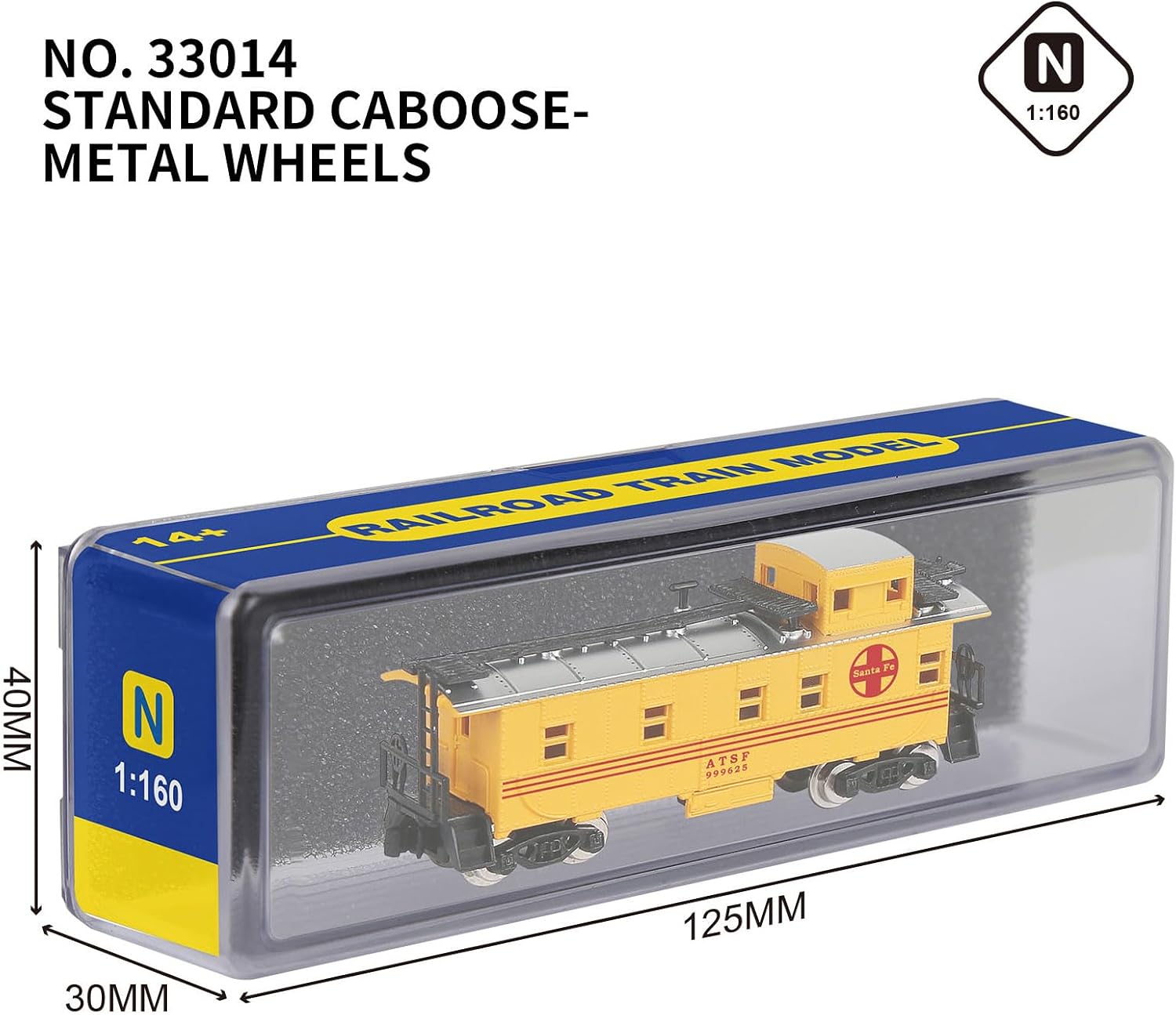 Railway Freight car Model，1：160 Scale,N Scale Standard Caboose with Metal Wheels，Train Track Accessories, 125mm x 30mm