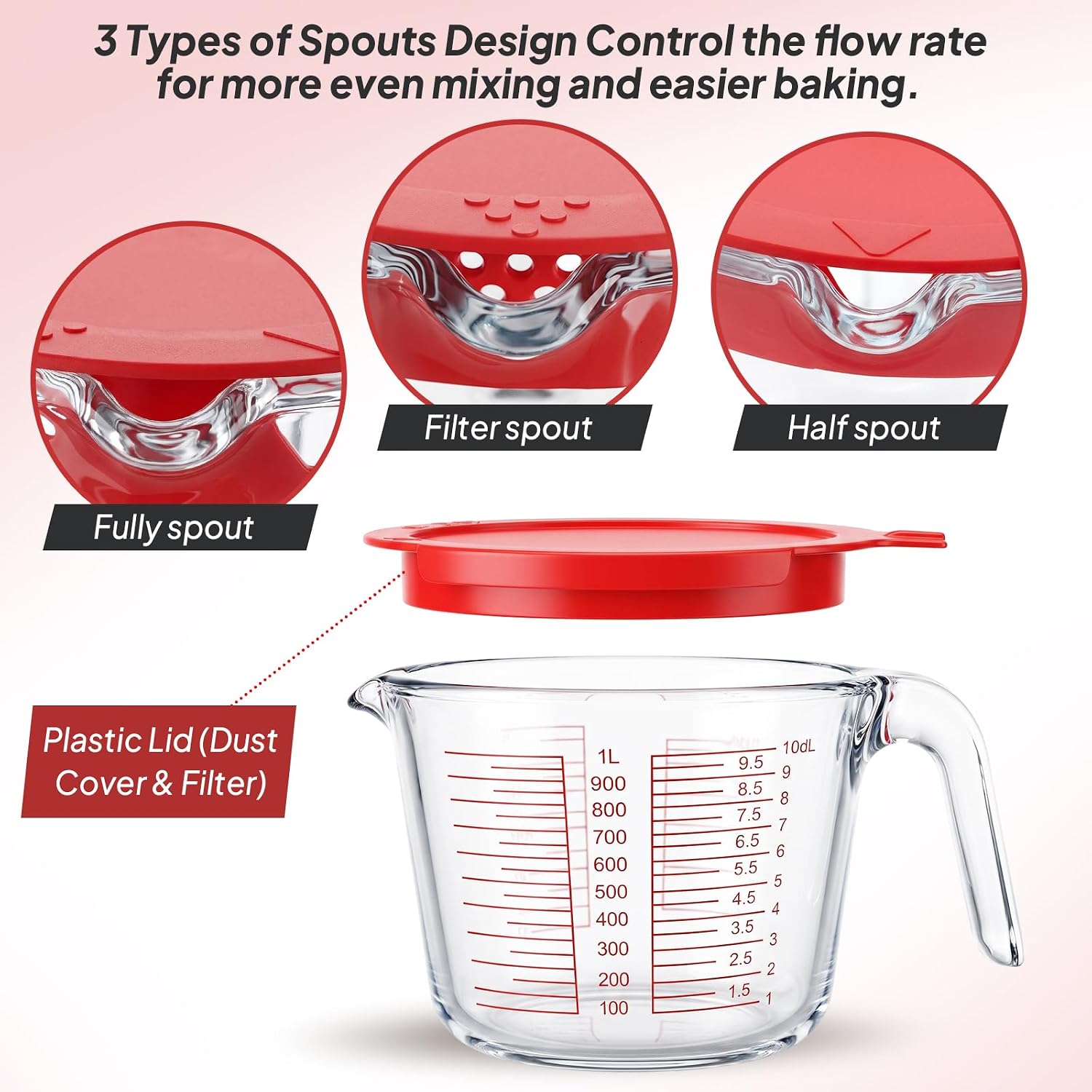 6 Pcs Glass Measuring Cups with Lids Set,(1-Cup, 2-Cup, 4-Cup) Measuring Cups for Prepping, Baking and Cooking, Preheated Oven, Dishwasher, Freezer, and Microwave Safe, Heat-Resistant