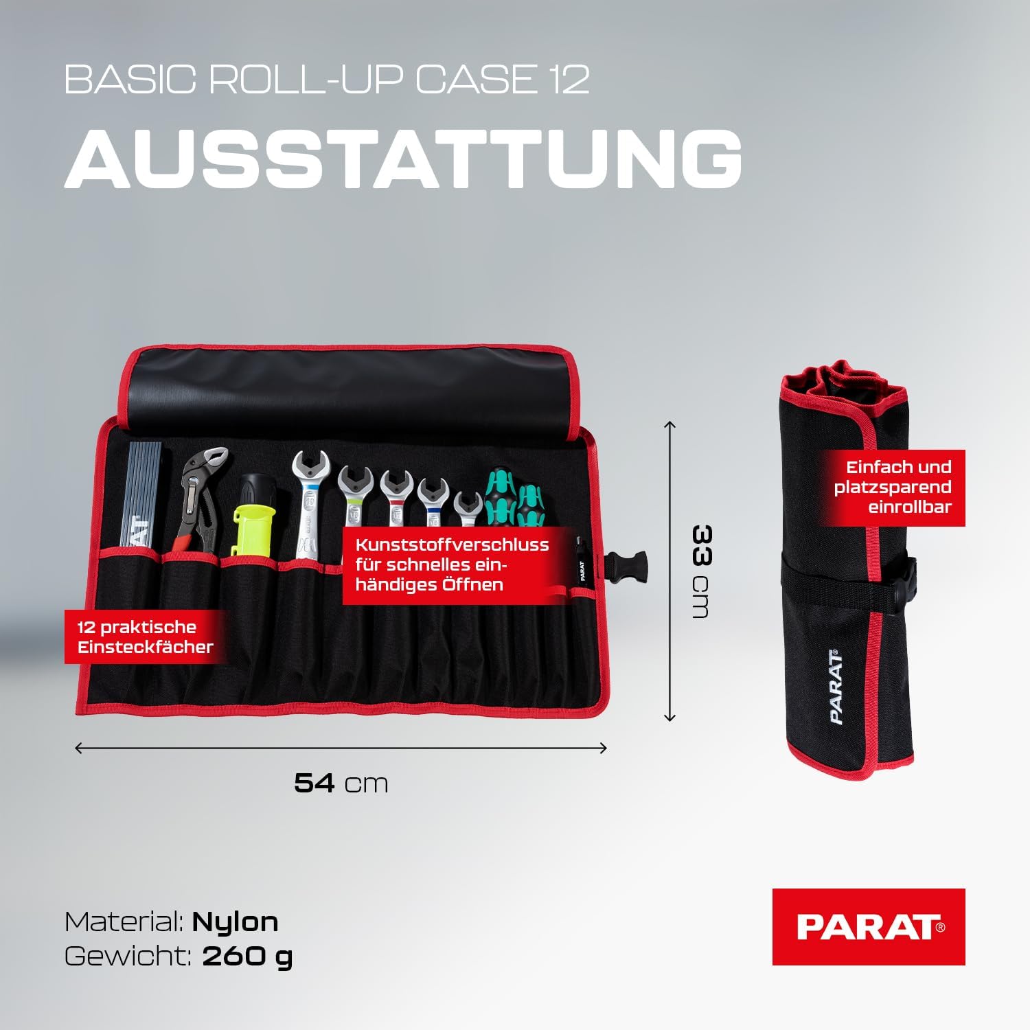 PARAT Basic Roll-Up Case 12 | Roll Bag for 12 Tools Made of Nylon | Compact Tool Bag with Buckle | Empty Tool Roll for Craftsmen | Premium Tool Bag Black