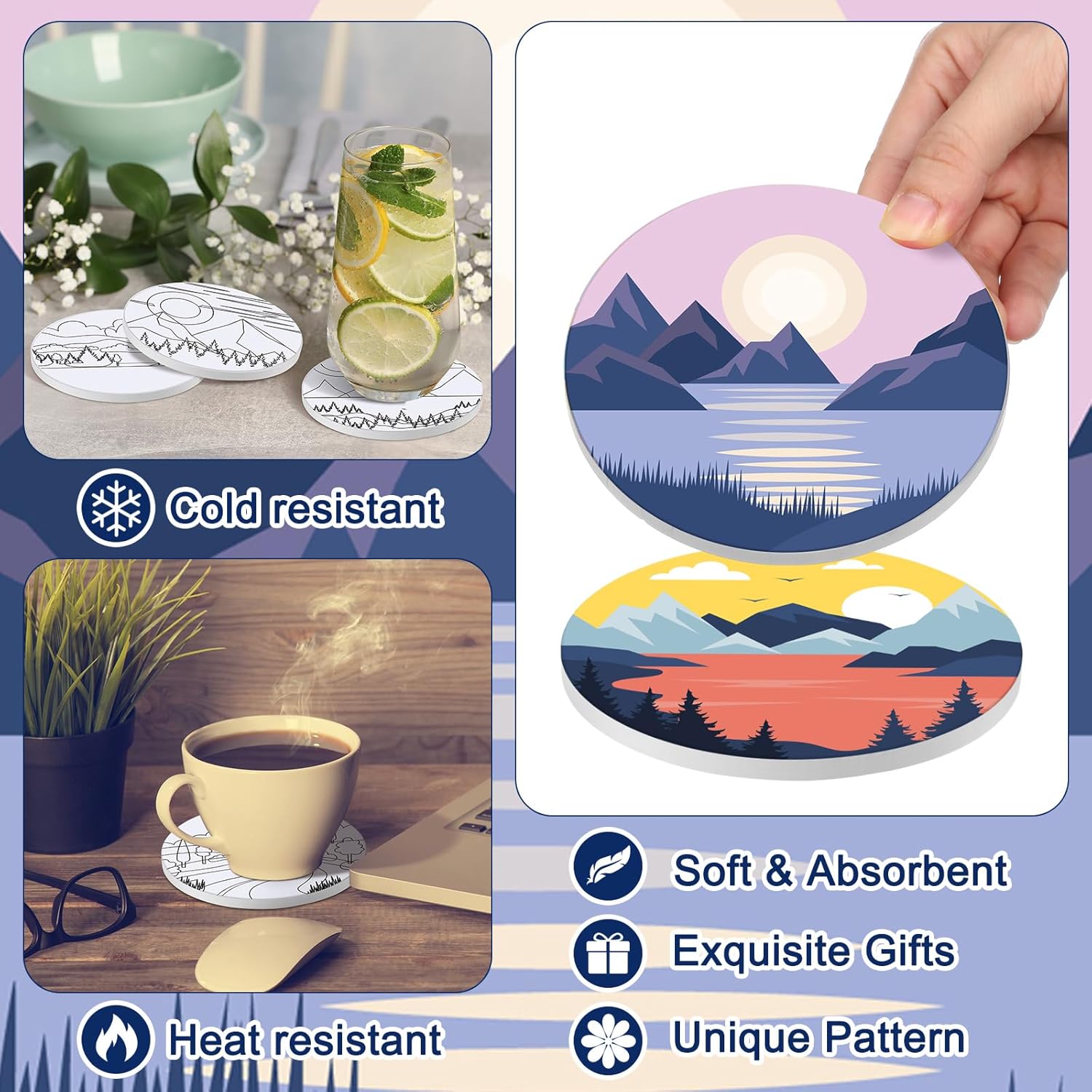 Potchen 12 Pcs Color Your Own Coaster Ceramic DIY Kits for Adults Absorbent Drink Coasters with Cork Base and 12 Markers for Adult Home Table DIY Art Crafts Gift