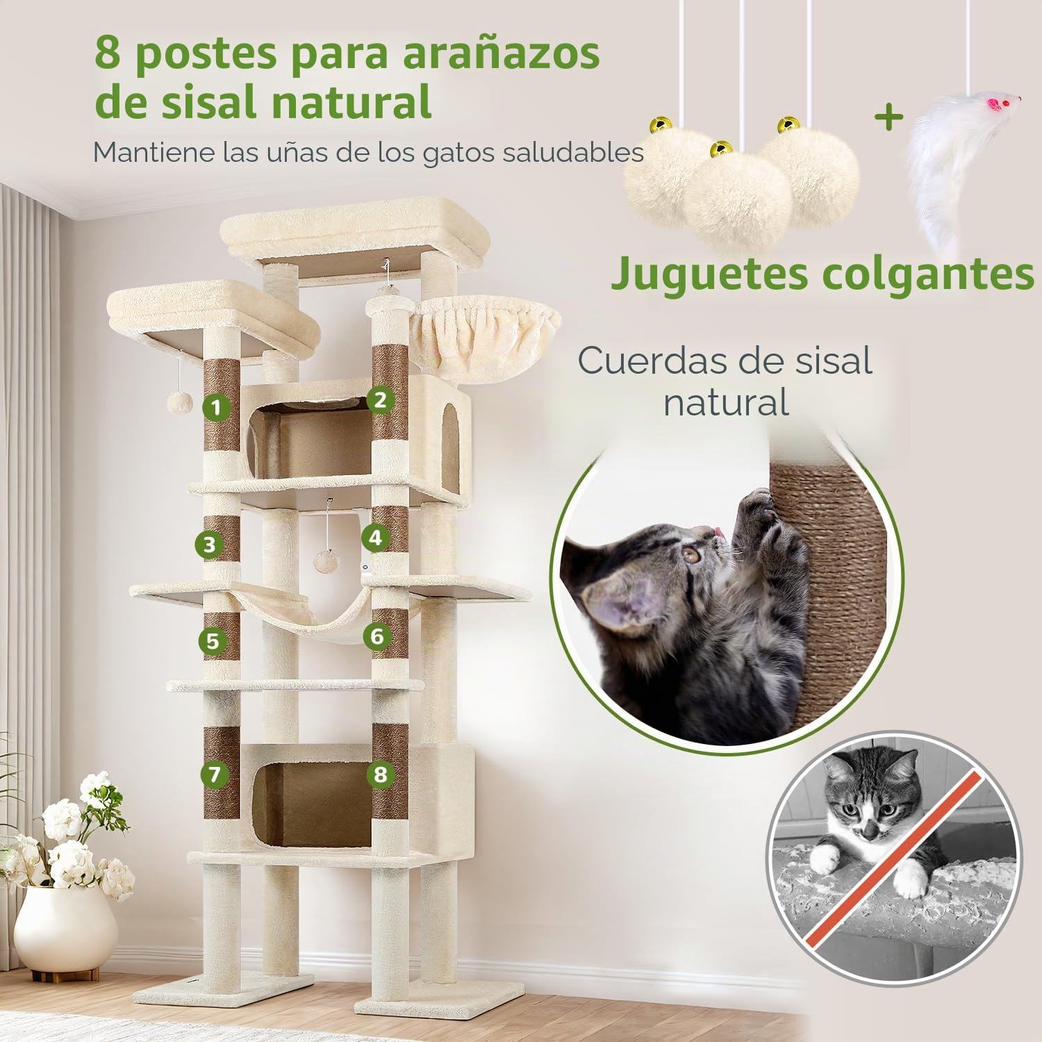 Globlazer Árbol Rascador para Gatos Beige Grandes XXL Alto 213 cm con 2 Grande Nidos 50*30*30CM, 2 Plataformas, Percha, Cesta, Lujo Estable Torre Gato Multinivel para Vario Gatos Adultos (F83B, Beige)