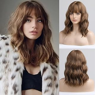 باروكة بوب بني للنساء، شعر مستعار بطول الكتف مع غرة شعر صناعي مجعد للحفلات التنكرية من اي سي اي اف