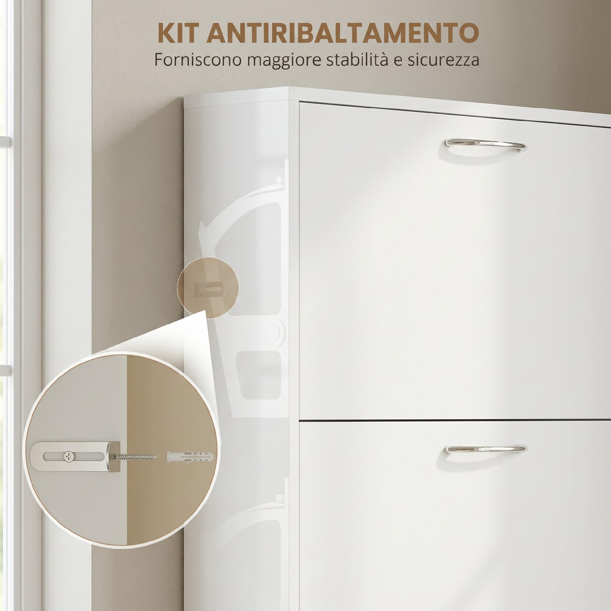 HOMCOM Scarpiera Salvaspazio Slim Alta 5 Ante 65x17x180.5 cm Bianco | Ante a Ribalta, Porta Scarpe per 15 Paia con Maniglia, Mobiletto Ingresso con Piano Superiore Portaoggetti