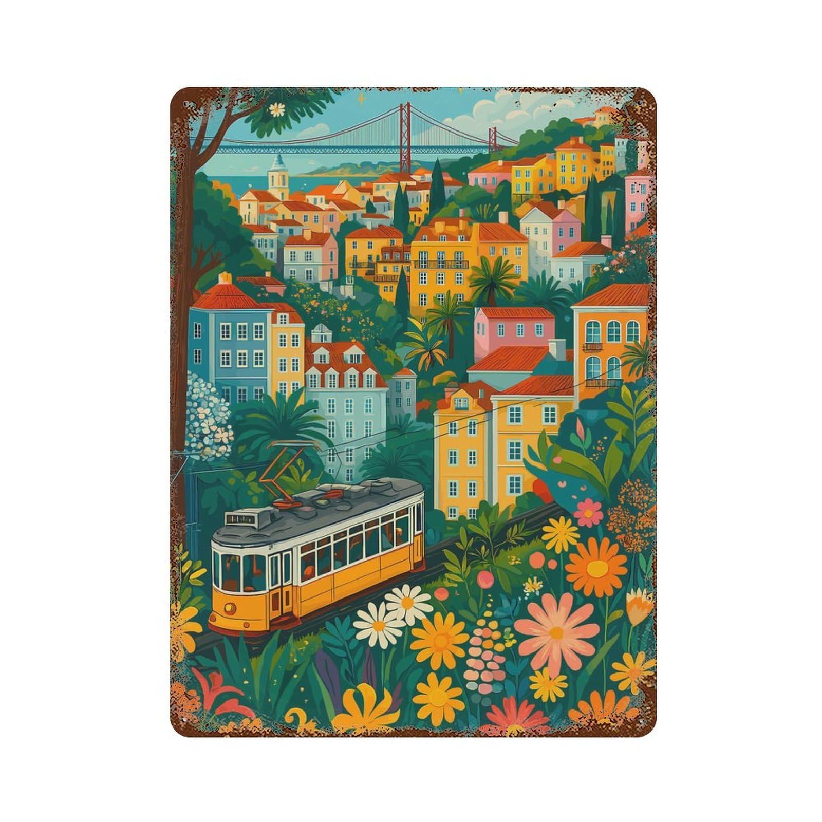 Retro Metal Sign with Lisbon Tram And Colorful Cityscape Design 15.7"x11.8", for Shed, Workshop And Garage Wall Decor, Industrial Home Decor