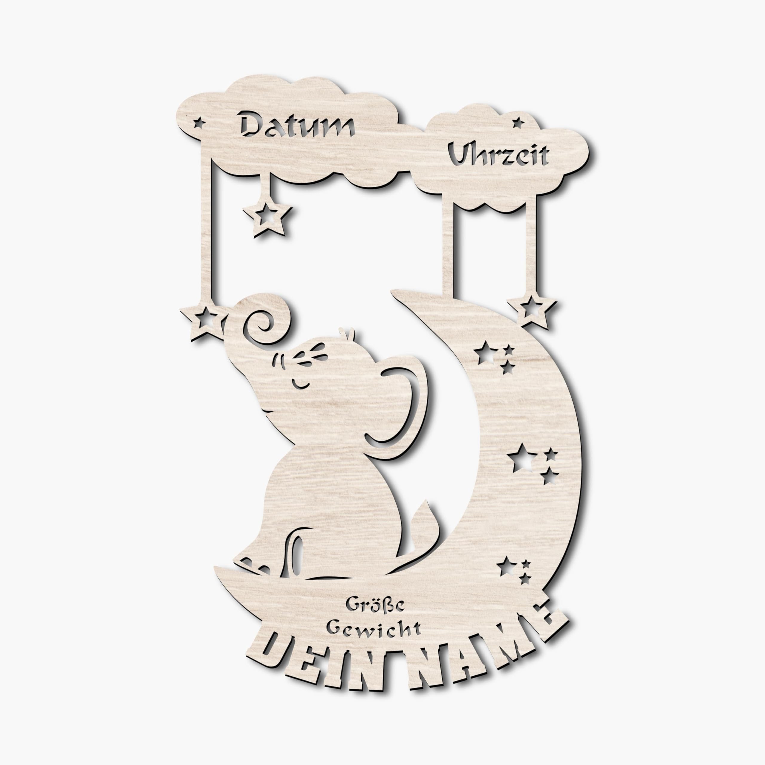 Personalisierbares Nachtlicht Elefant auf einem Mond umgeben von Wolken aus Holz | Kinderzimmer Lampe mit Name | Warmweiß oder RGB LED mit Fernbedienung | Deko für Babyzimmer & Geschenk Geburt