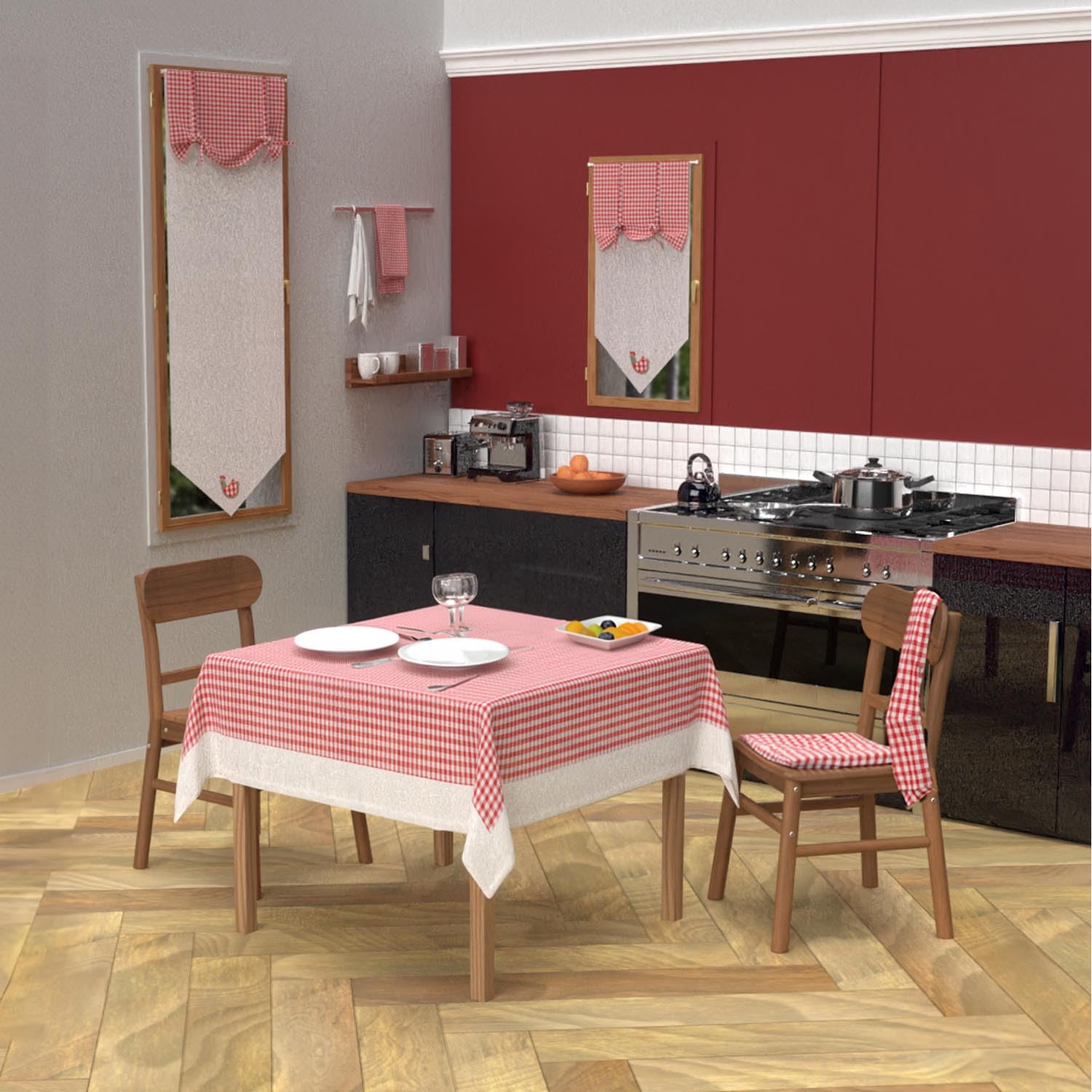 Soleil d'ocre, Square Stain-Resistant Cotton Tablecloth 140 x 140 cm Gingham, Red, 55.1 x 55.1 inch (Square) - Image 3
