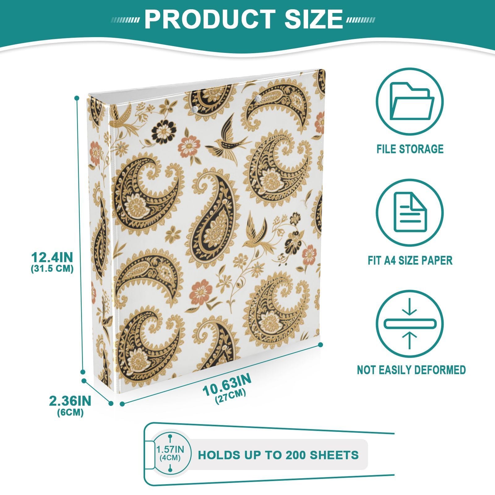 Boho Paisley kwiat ptak złoty biały segregator 3.5 cm trzy pierścienie segregatory do notatników z kieszonką 2-pak segregator biurowy 200 arkuszy