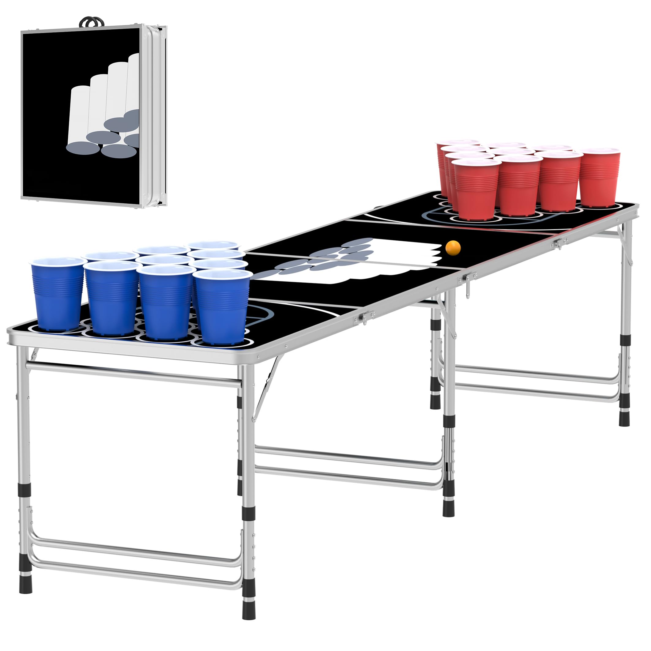 XMTECH Beer Pong - Juego de mesa para fiestas (incluye 100 vasos (50 rojos y 50 azules), 5 bolas, mesa plegable y regulable en altura, juego de fiesta