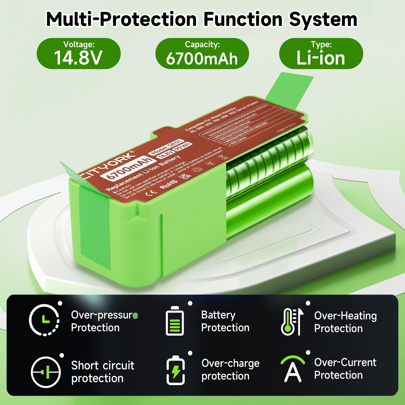 CITYORK 6700mAh Li-ion Batería para iRobot Roomba 980 981 985 960 968 971 976 966 965 900,880 896 895 890 891 800, 690 695 680 676 675 650 630 615 606,780 770 760 776,560 551 500 iRobot Roomba Bateria