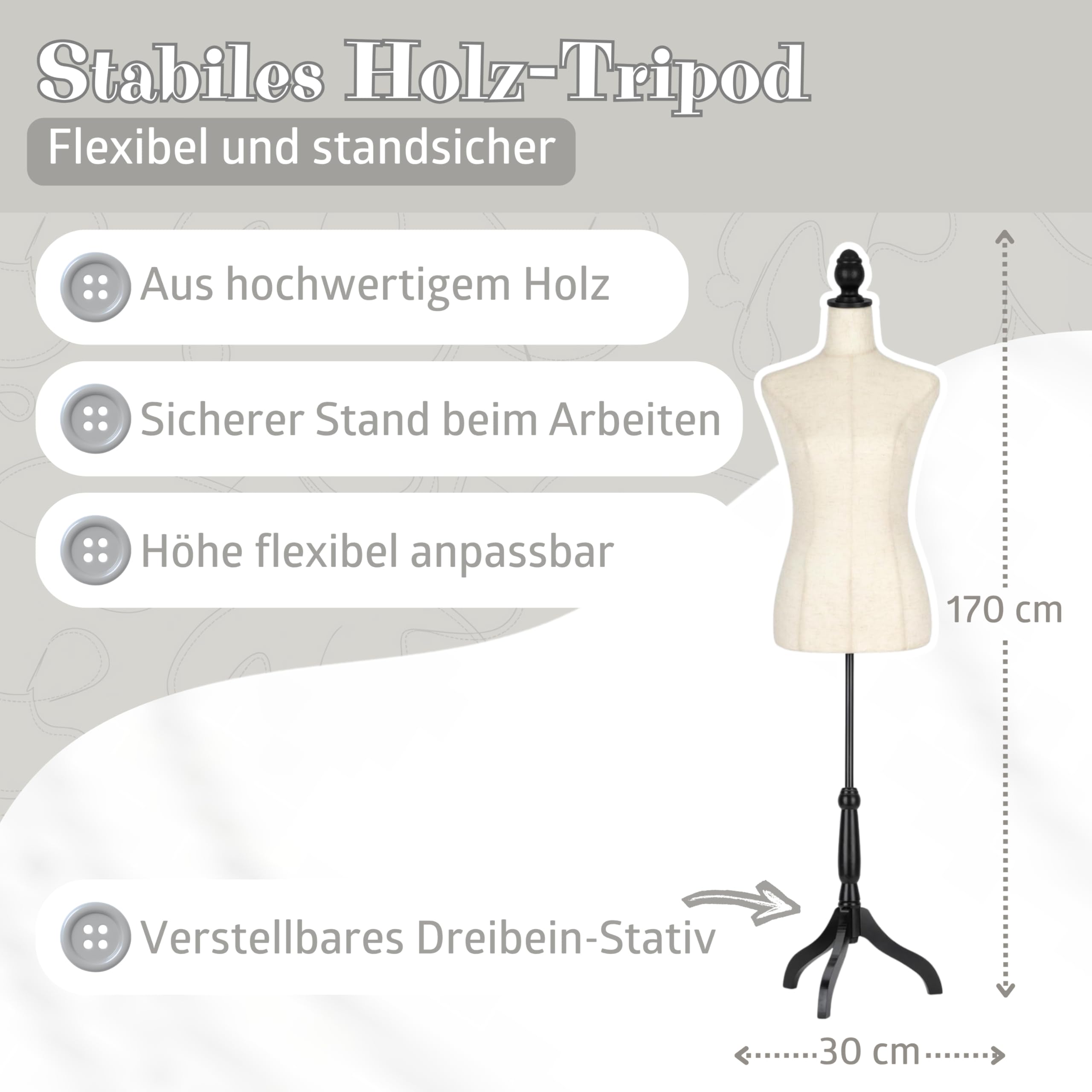 Semplix Deko Schneiderbüste–Schneiderpuppe aus Styropor (EPS) mit Baumwollbezug & Holzstativ, höhenverstellbar, Elegante Deko Schneiderpuppe für Atelier, Boutique & Dekoration (Leinenbezug)