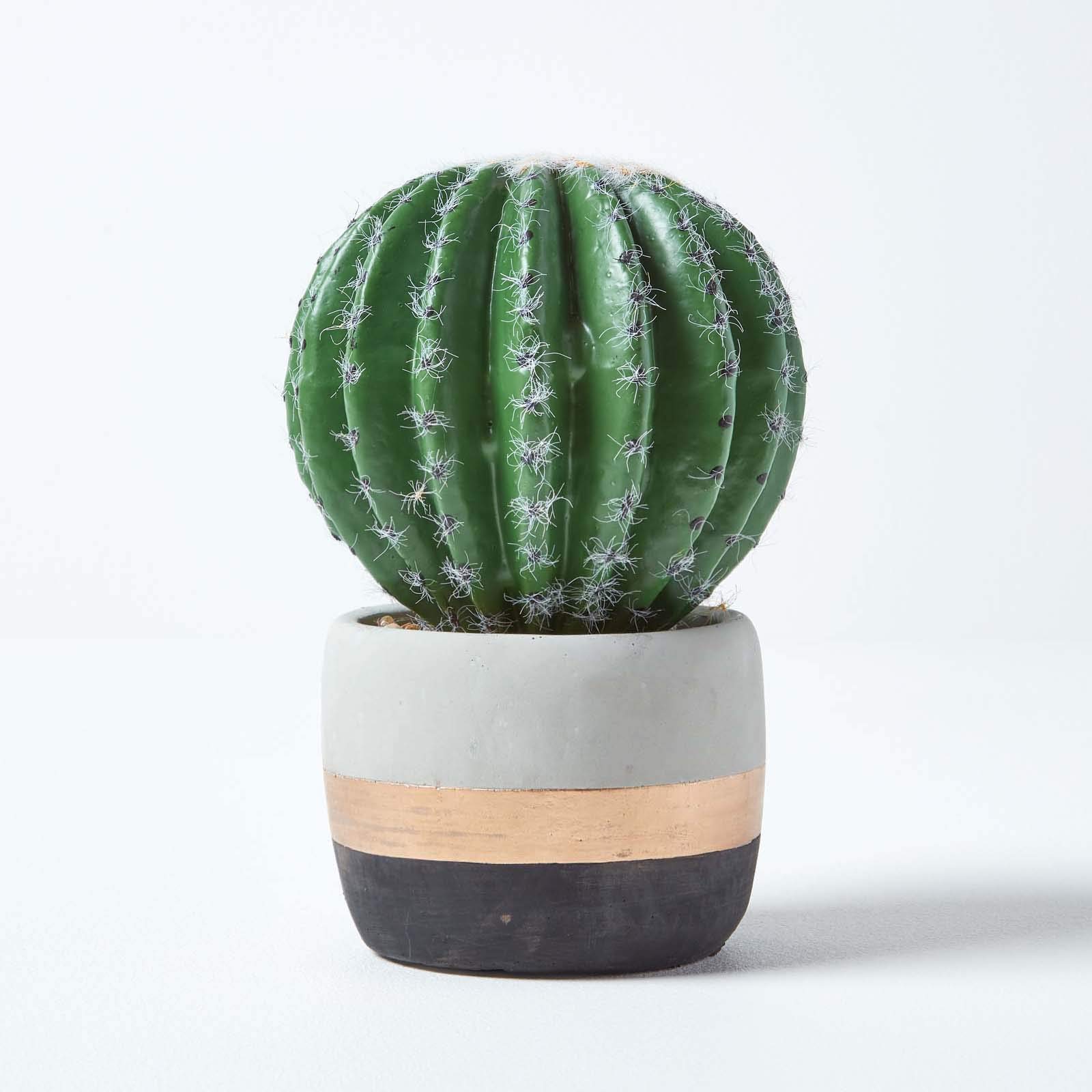 Homescapes Golden Barrel Artificial Cactus in Contemporary Stone Pot, 19 cm Tall in Green