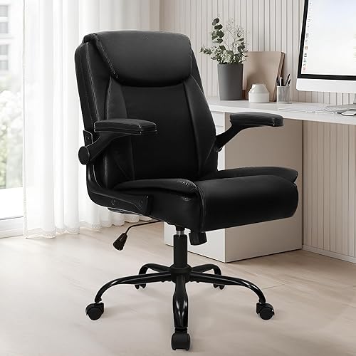 Miniatura 2 de NEO CHAIR Silla de oficina para computadora, ergonómica, ejecutiva, de cuero con respaldo medio, reposabrazos abatibles, ruedas giratorias para