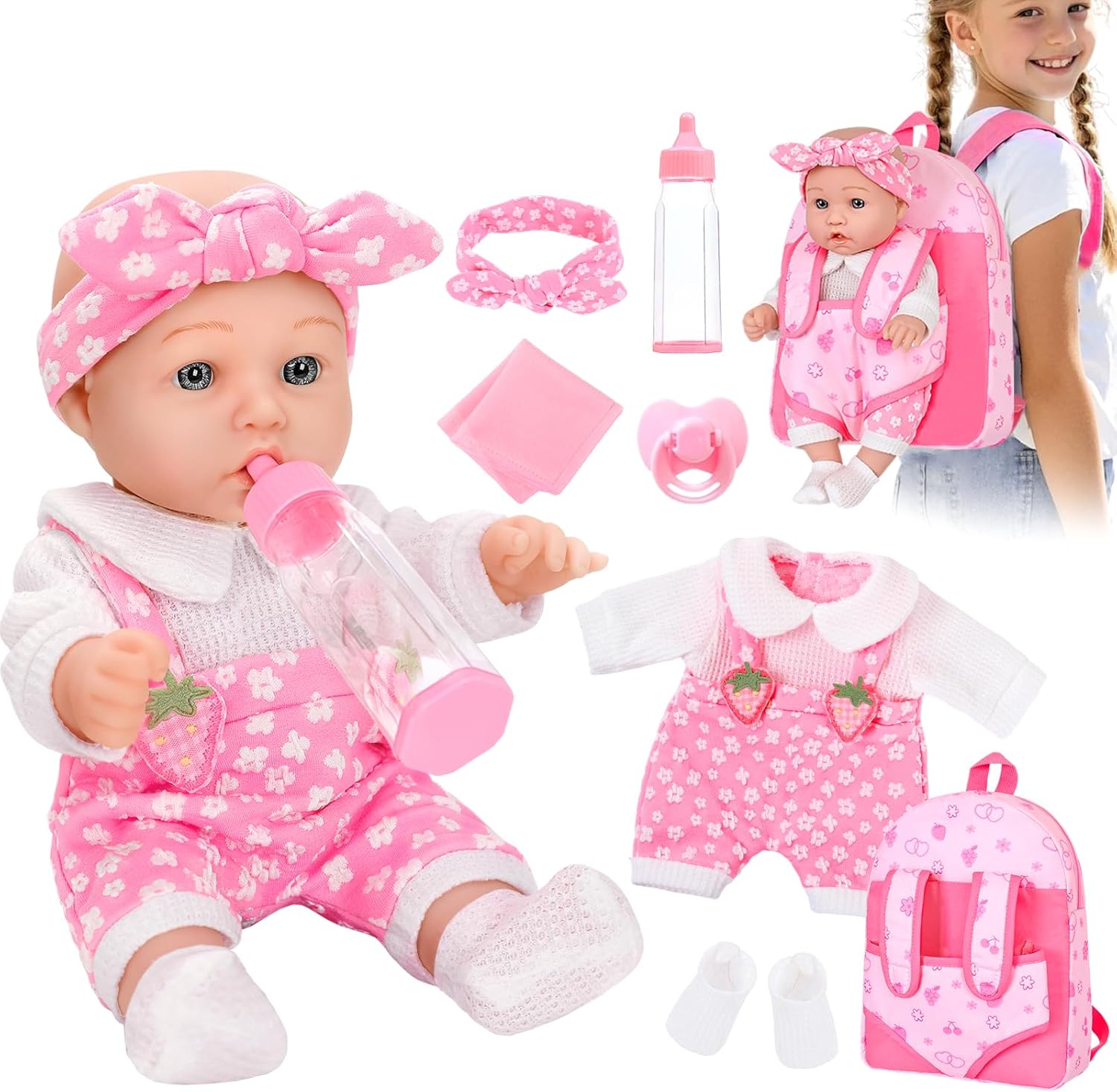 DONTNO 12" Baby Doll with Backpack Carrier in Gift Box,12 Inch Realistic Baby Dolls with Clothes and Accessories,Toy Pretend Play Collection for 3+ Child Girls Gifts