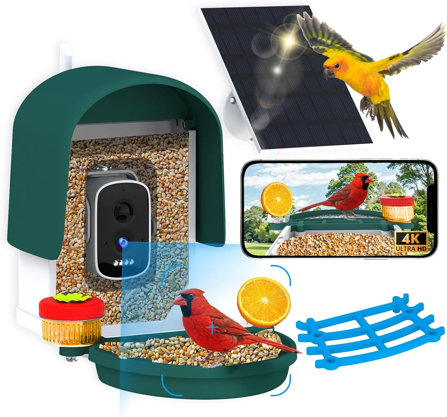 Bird Feeder Camera with 4K HD, App Alerts & Two-Way Audio, Solar Panel, 32GB Card 4-in-1 Perch, 160° View, Auto Detect & AI Identify - Wireless Outdoors Weatherproof Design (Army Green)