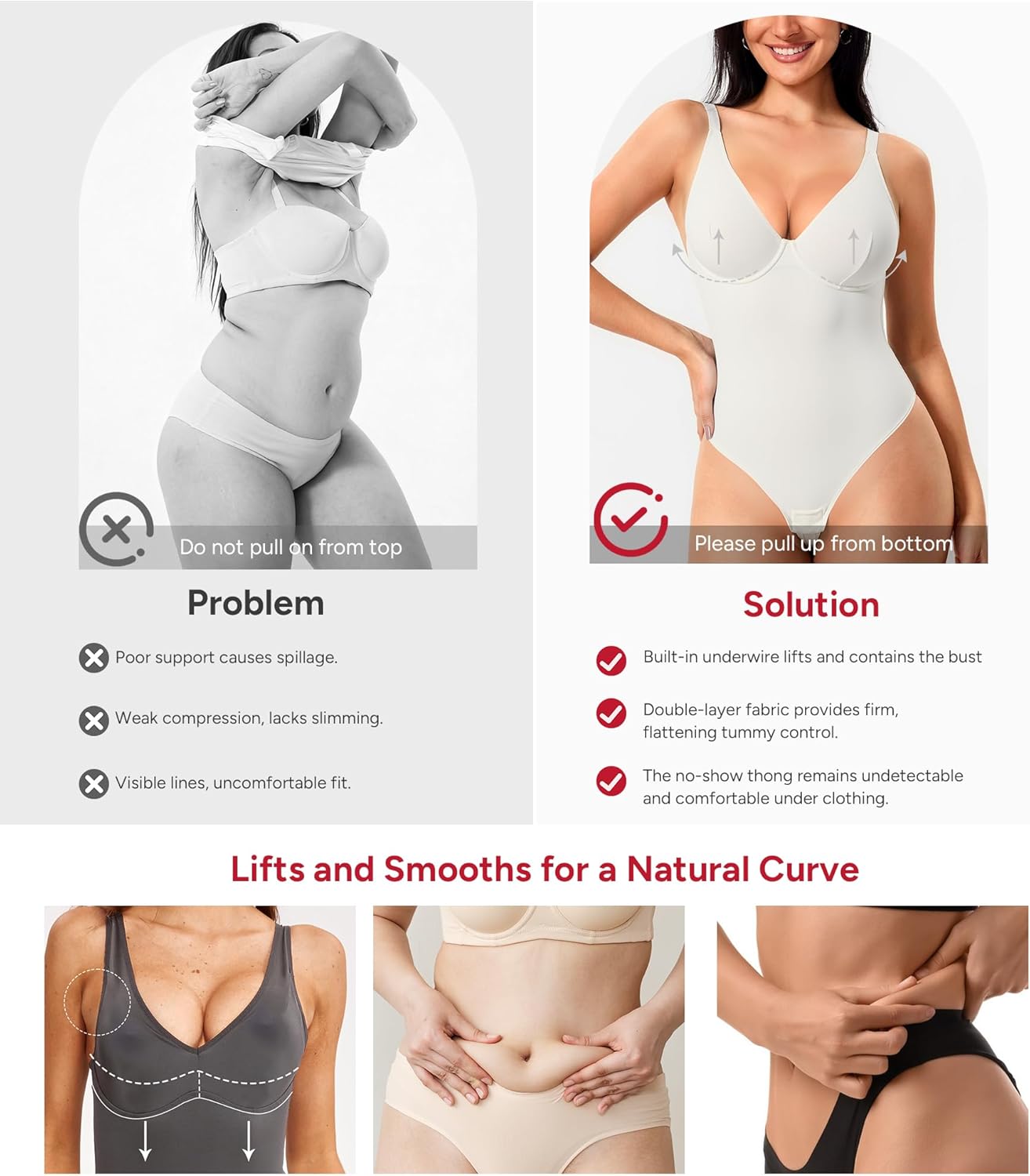 Nebility Shapewear Bodysuits for Women Tummy Control Body Shaper Deep V Neck Thong Body Suits (White,Large) - Image 4