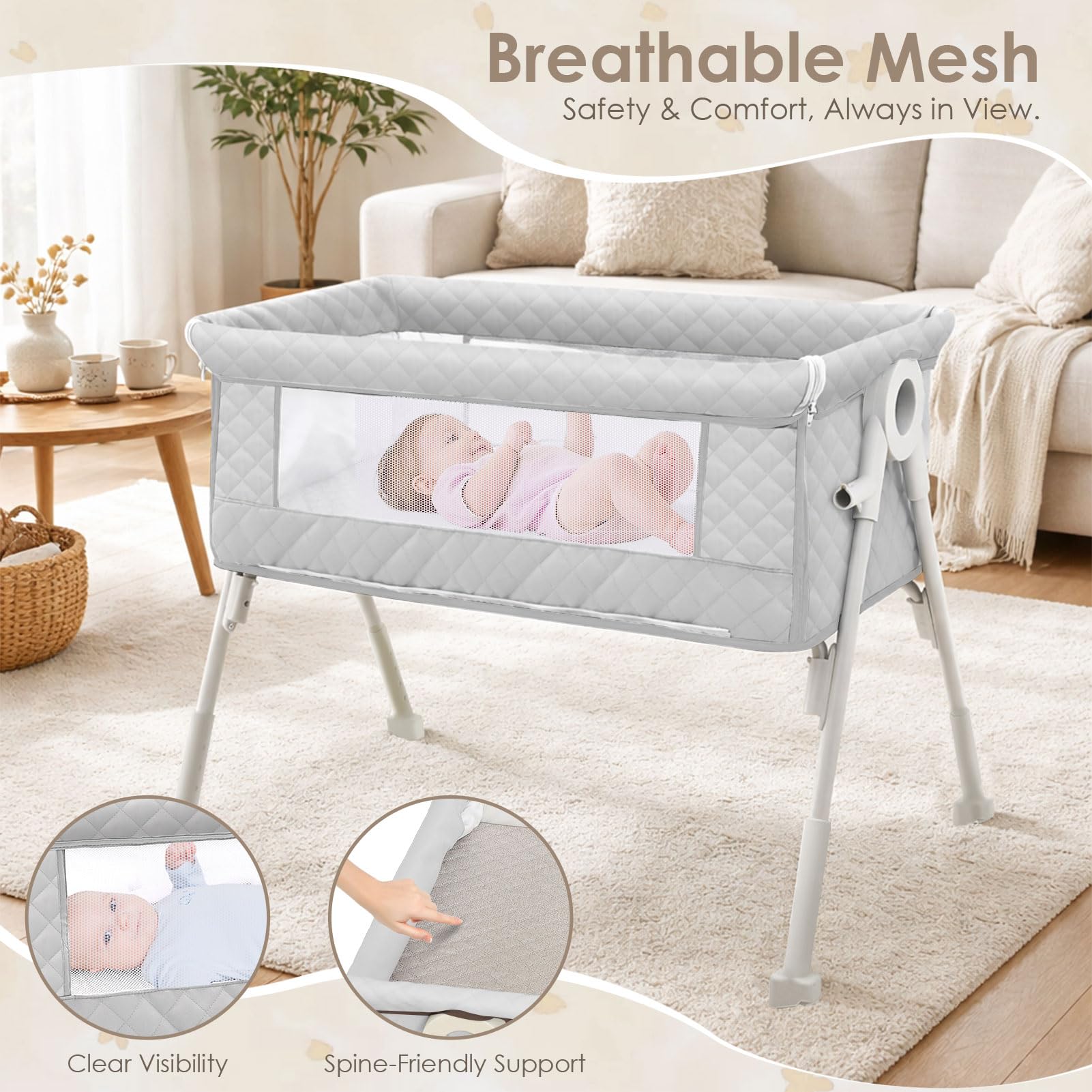 Beistellbett Baby, 3-in-1 Beistellbett, Babybett für Neugeborene mit atmungsaktivem Netz, höhenverstellbar & neigbar, inkl. Matratze, für Zuhause & unterwegs, Hellgrau | 4 Auto-Lock Räder