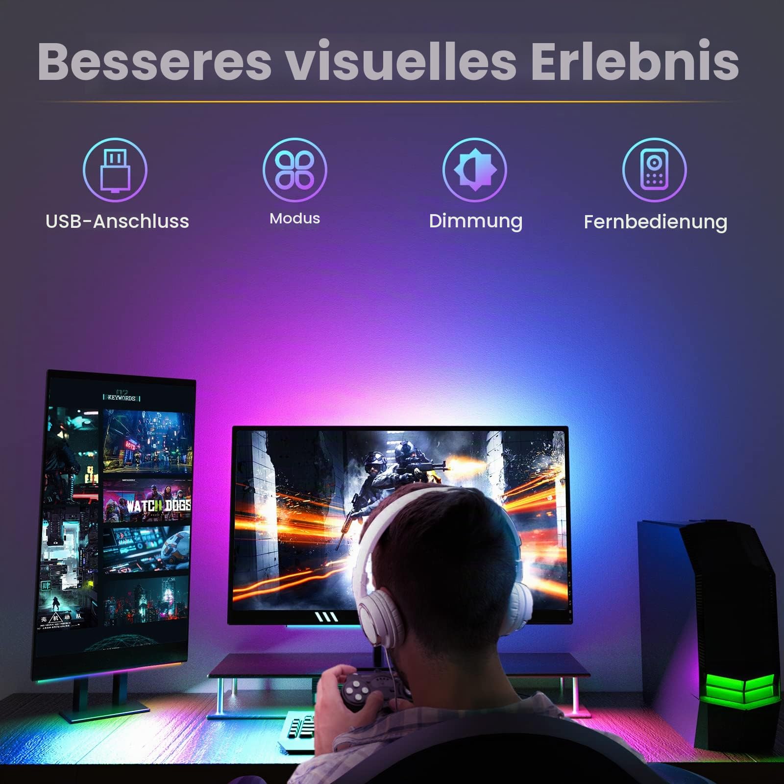 WILLED 2-In-1 Gaming Beleuchtung, 5V USB RGB Under Monitor Lampe, Dreamcolor Screenbar für PC Setup mit 12 Dynamische, Ambient Deko mit Fernbedienung, Beleuchtung für TV Hintergrundbeleuchtung