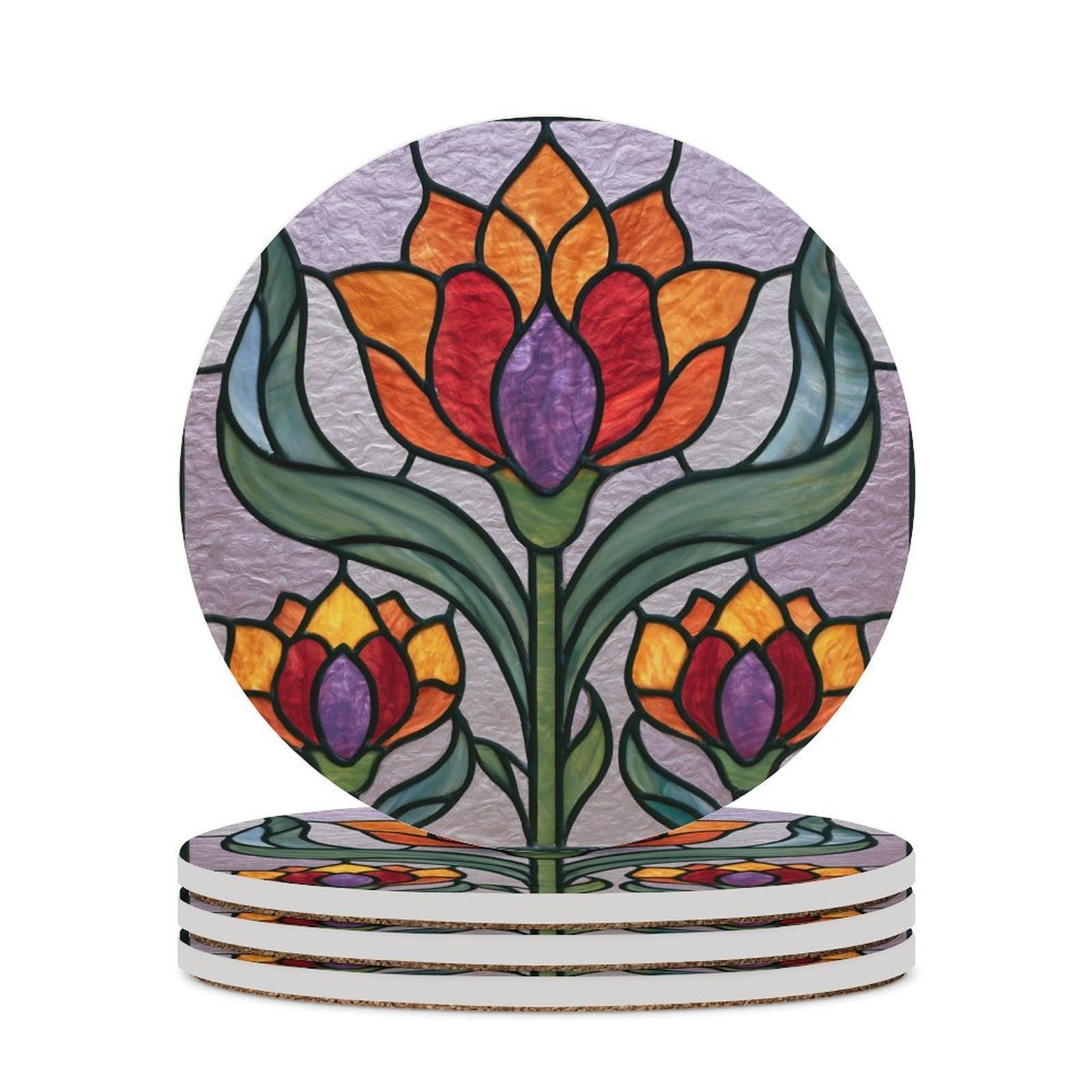 Stained Glass Large Flower Orange Red Petals Coasters Set of 4 Absorbent Coasters