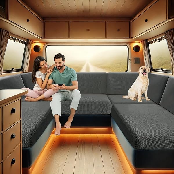 SYLC Bezüge Für Wohnwagenpolster Jacquard, rutschfeste Wohnmobil Sitzbezüge Mit 2 Cord, Sofa Sitzkissenbezug Für Schonbezug Wohnwagen Polster (Med Grey,W 95-115 cm, D 45-65 cm) - 2