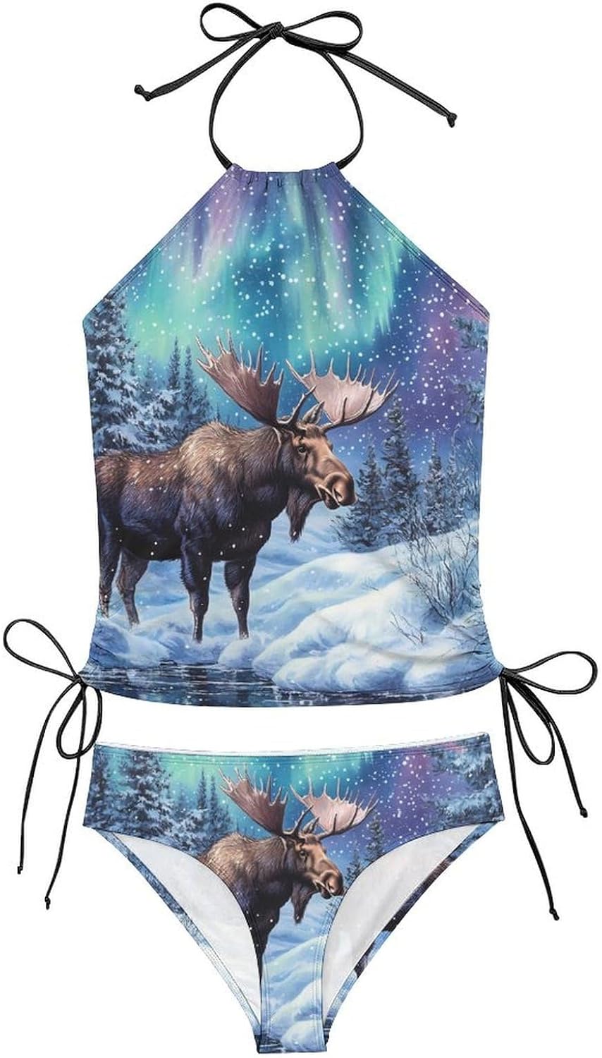 Alaskan Moose with Aurora Borealis Novelty Women's Swimwear Set 2 Pcs Tankini String Swimsuits Bathing Suits