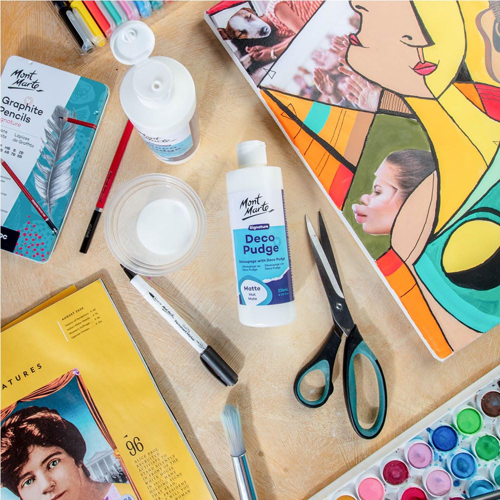 Mont Marte Deco Pudge Craft Varnish Signature 236ml (8 US fl.oz) – Matte, Multi-Purpose Clear Craft Sealer, Varnish and Decoupage Glue, Ideal for Acrylic Paints, Paper, Wood, Ceramics, Fabrics, Clay