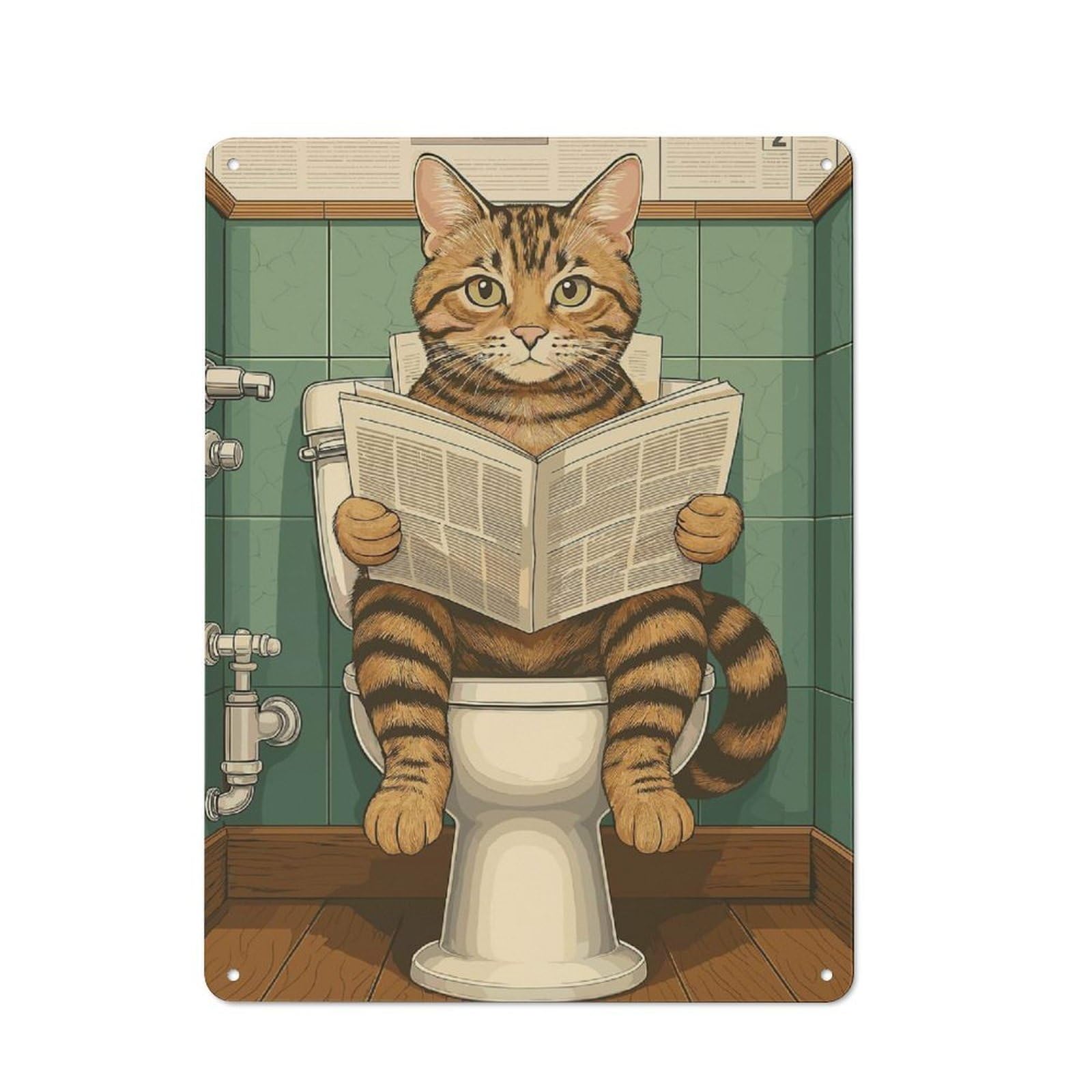 Junmoney Cat Reading Newspaper On Toilet Rustic Metal Wall Sign 40X30cm Featuring For Pub Or Café, For Vintage Wall Decor Fans, For Metal Sign Collectors