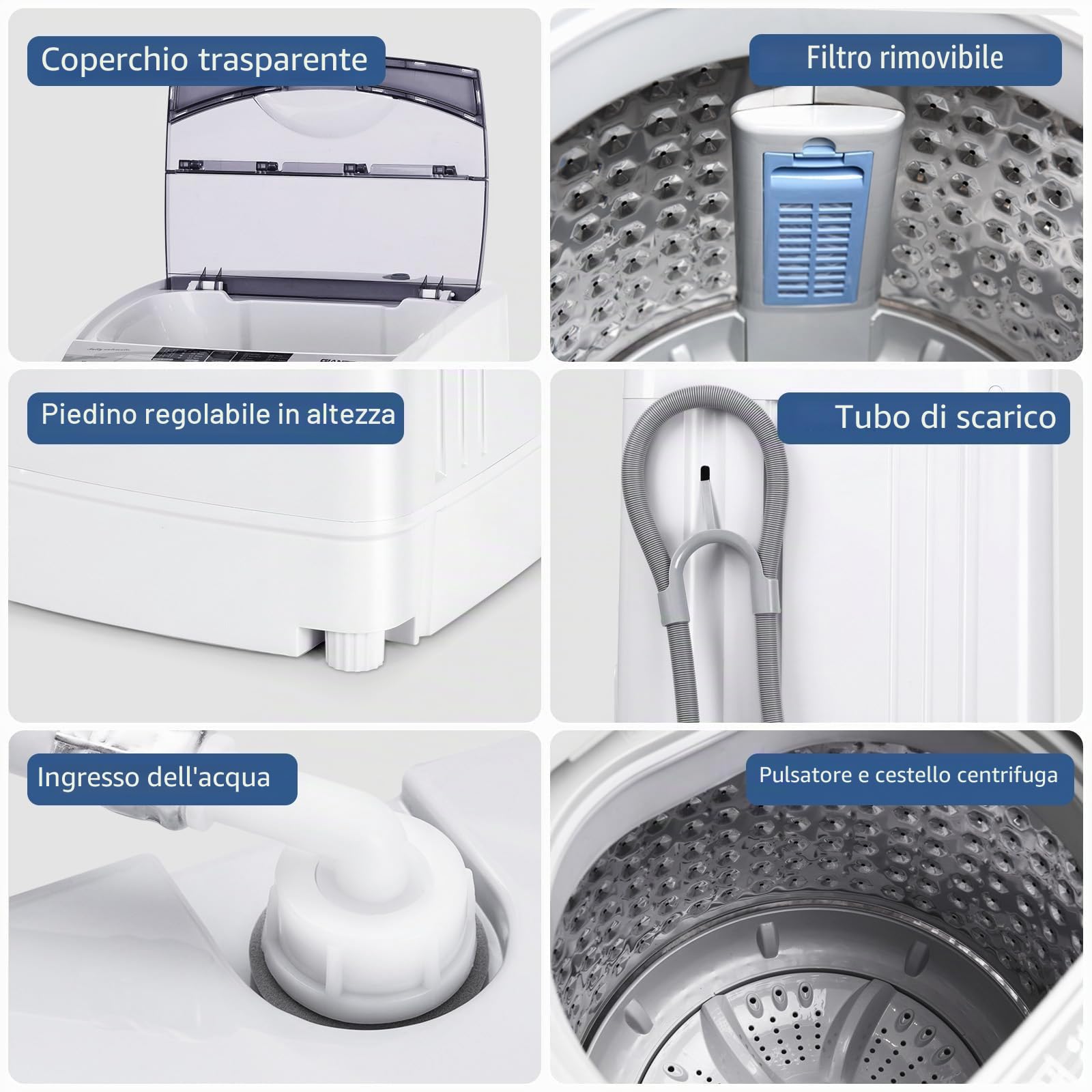 FANTASK Lavatrice piccola, 310 W/50 × 50 × 85 cm, mini lavatrice con display, pompa e centrifuga per appartamenti e camper [classe energetica B]
