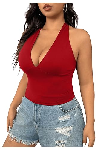 SOLY HUX Women's Plus Size Sexy Halter Deep V Neck Tank Top Backless Sleeveless Slim Fitted Going Out Crop Tops - 3X-Large Plus - Solid Red