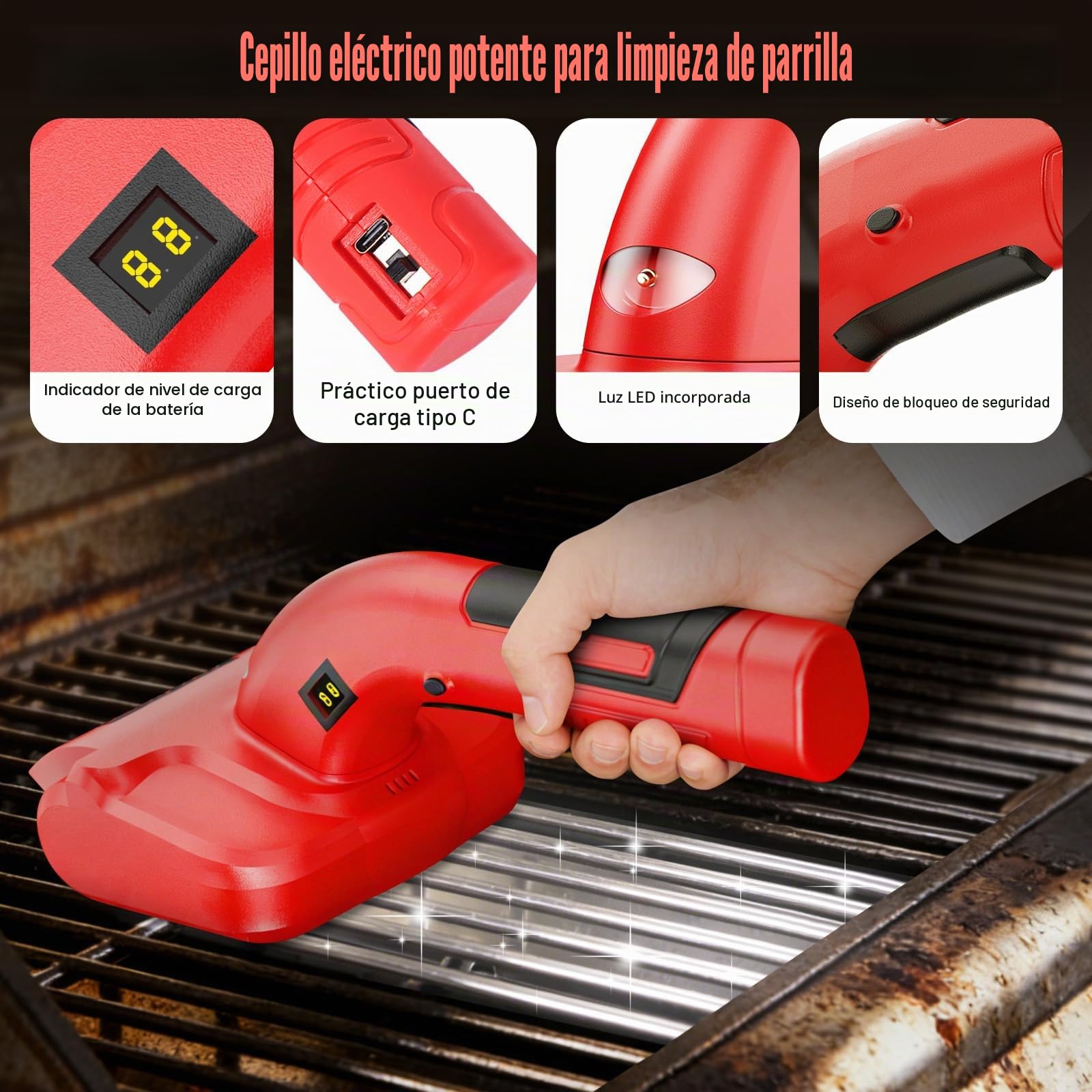 Cepillo Eléctrico para Parrilla Mejorado, Limpiador de Barbacoa Inalámbrico Recargable con Cabezas de Acero Inoxidable, Piedra Limpia, Bloqueo de Seguridad y Luz LED para Rejas de Parrilla