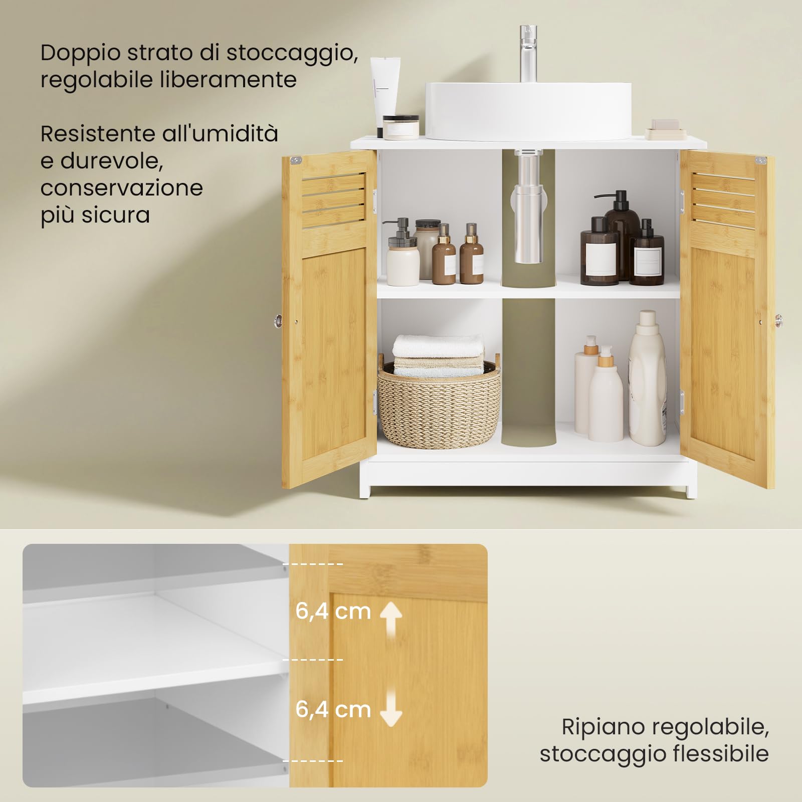 EUGAD Armadietto Sottolavabo Mobiletto sotto Lavandino per Bagno con Due Ante in Legno