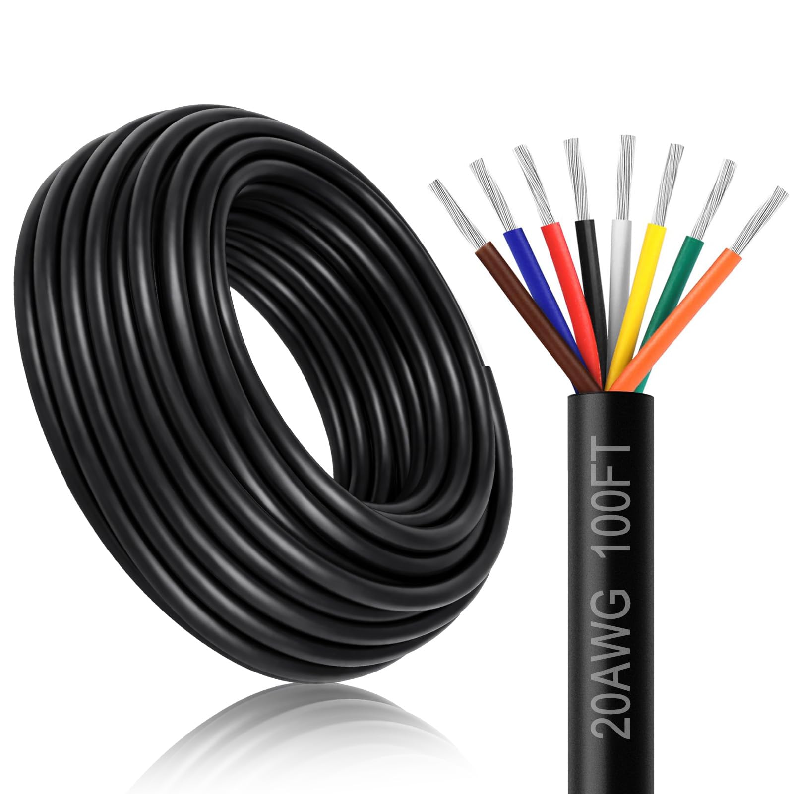 20 Gauge 8 Conductor Electrical Wire, 100FT 20AWG Black PVC Stranded Tinned Copper 8 Wire Cable, 20/8 Cord Extension Cable for LED Lamp Lighting,