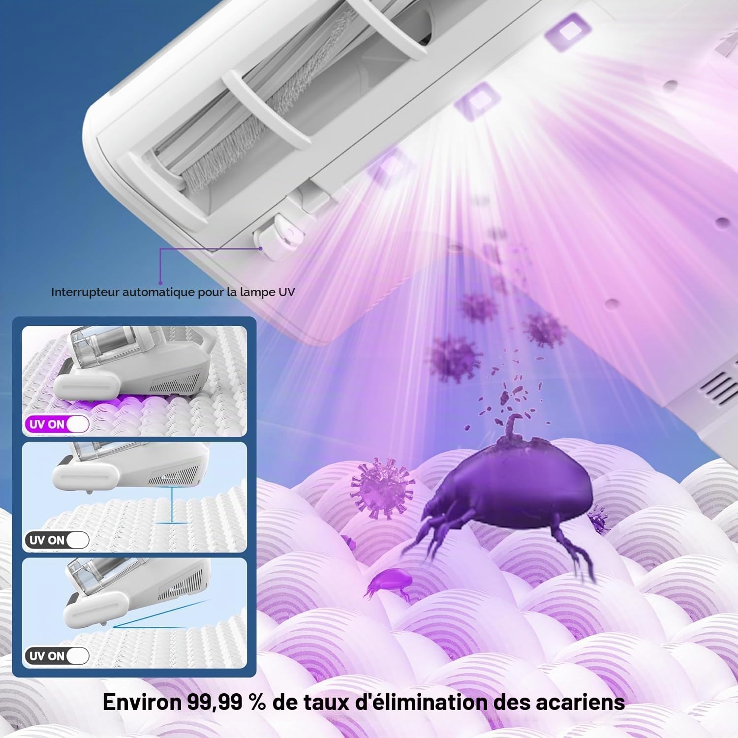 15KPa Aspirateur Anti Acariens avec UV-C et 5M Fil