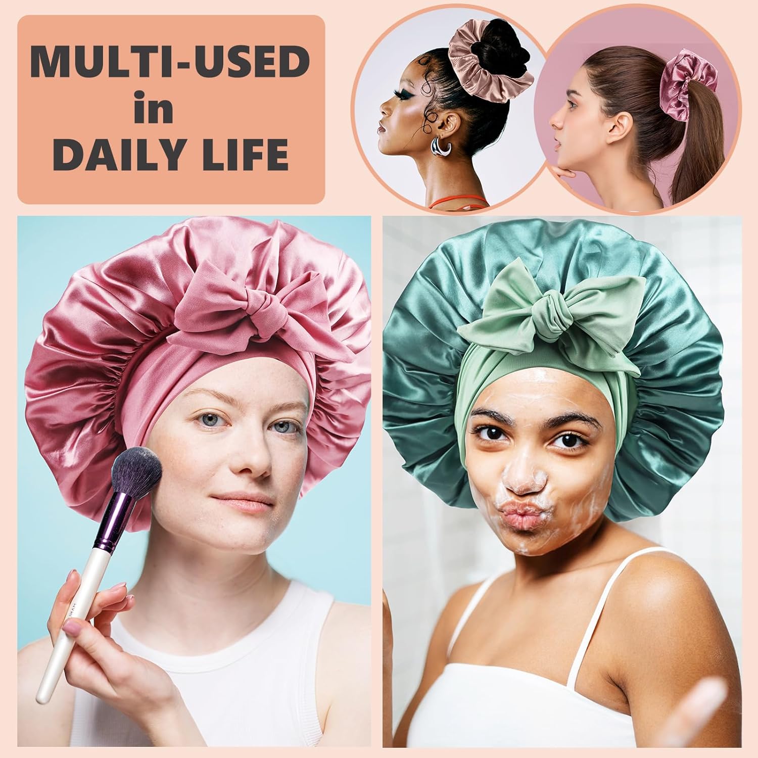 Satin Bonnet for Sleeping Women,Double Layer Hair Bonnet for Sleeping with Tie Band for Curly Hair Braids Long Hair Rose Gold - Image 6