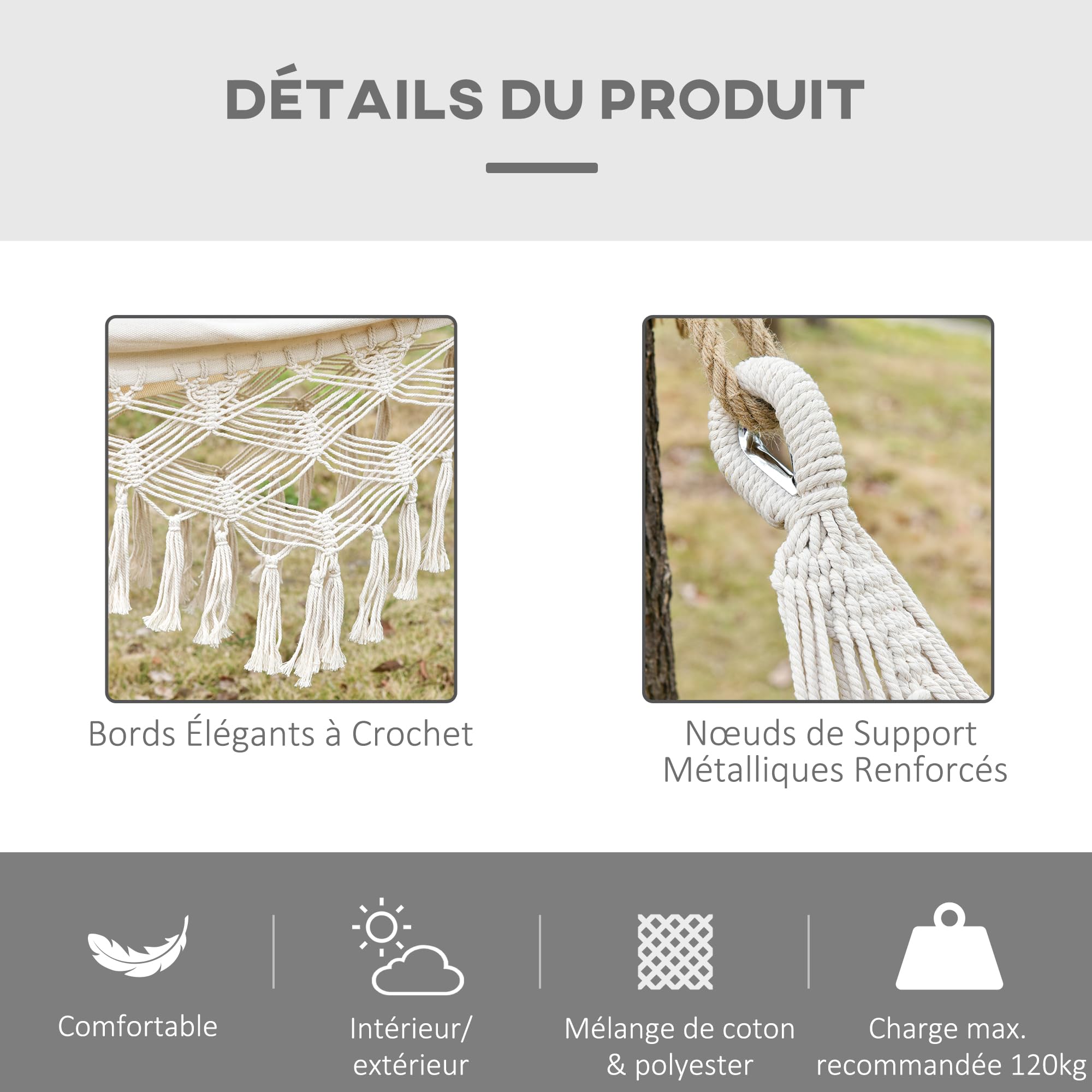 Outsunny Hamac de Voyage Portable Style bohème Chic Toile de hamac dim. totales 2,88L x 1,5l m Coton Polyester Beige