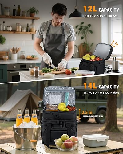 Miniatura 3 de Lonchera grande para hombres y mujeres, bolsa de almuerzo aislada de doble compartimento, bolsa térmica expandible a prueba de fugas con correa
