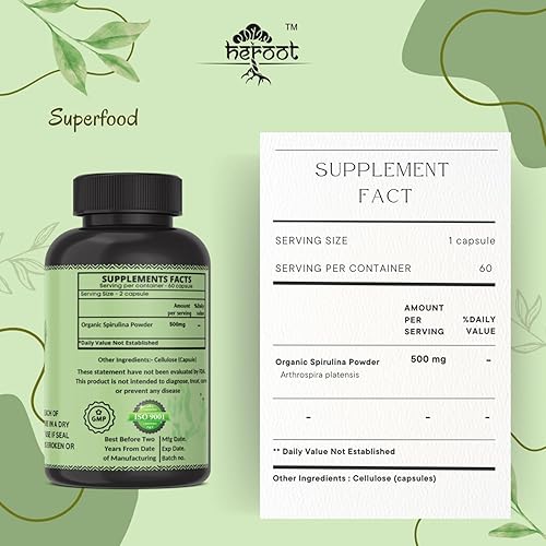 Miniatura 6 de Cápsulas de proteína orgánica en polvo de espirulina Vitaminas y minerales para energía Vegetariano, sin gluten, 100% puro superalimento para una