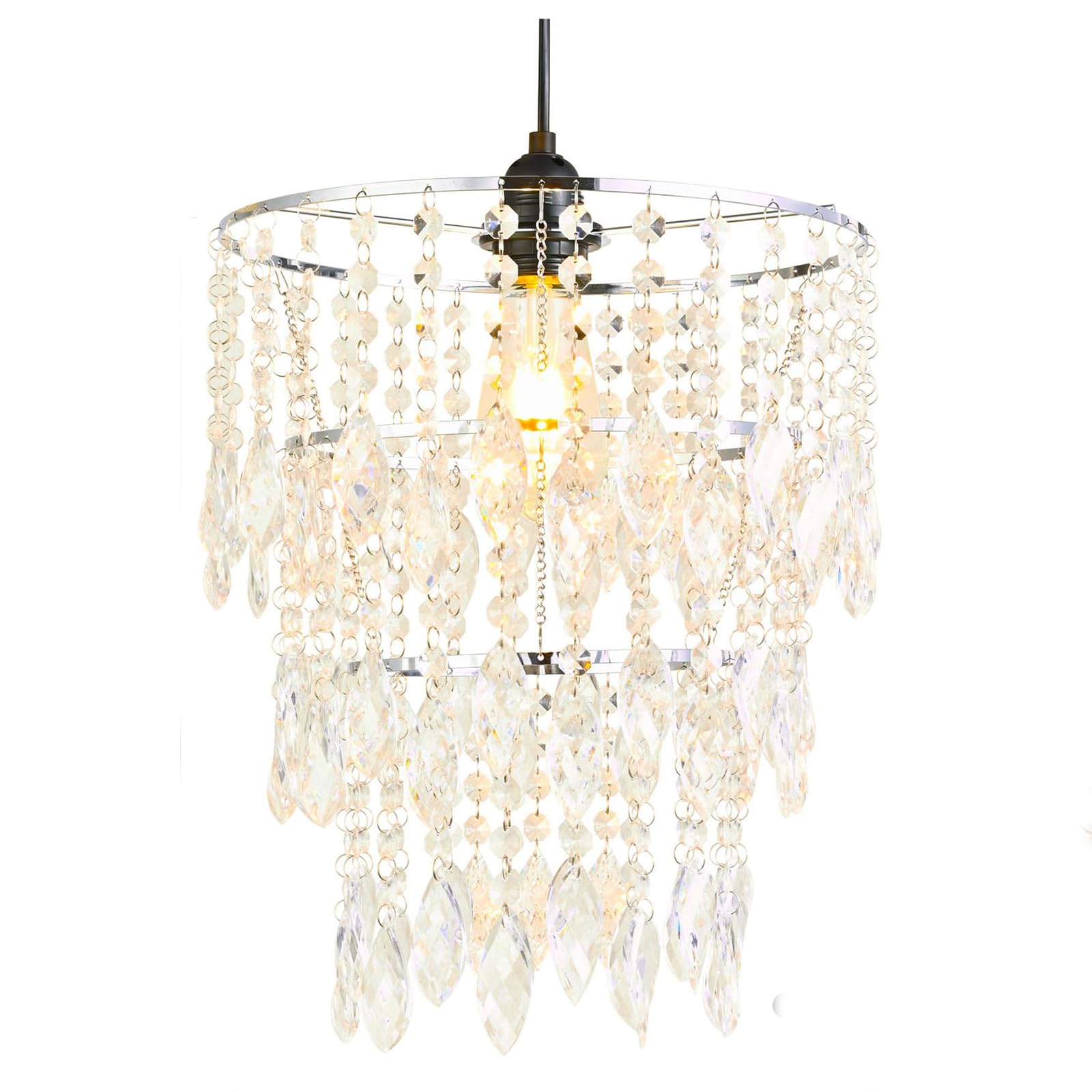 Acrylic Beaded Ceiling Lamp Shade, 3-Tier Faux Chandelier Light Shade for Bedroom, Clear Hanging Pendant Shade, 36cm Height, Modern Decorative Lighting