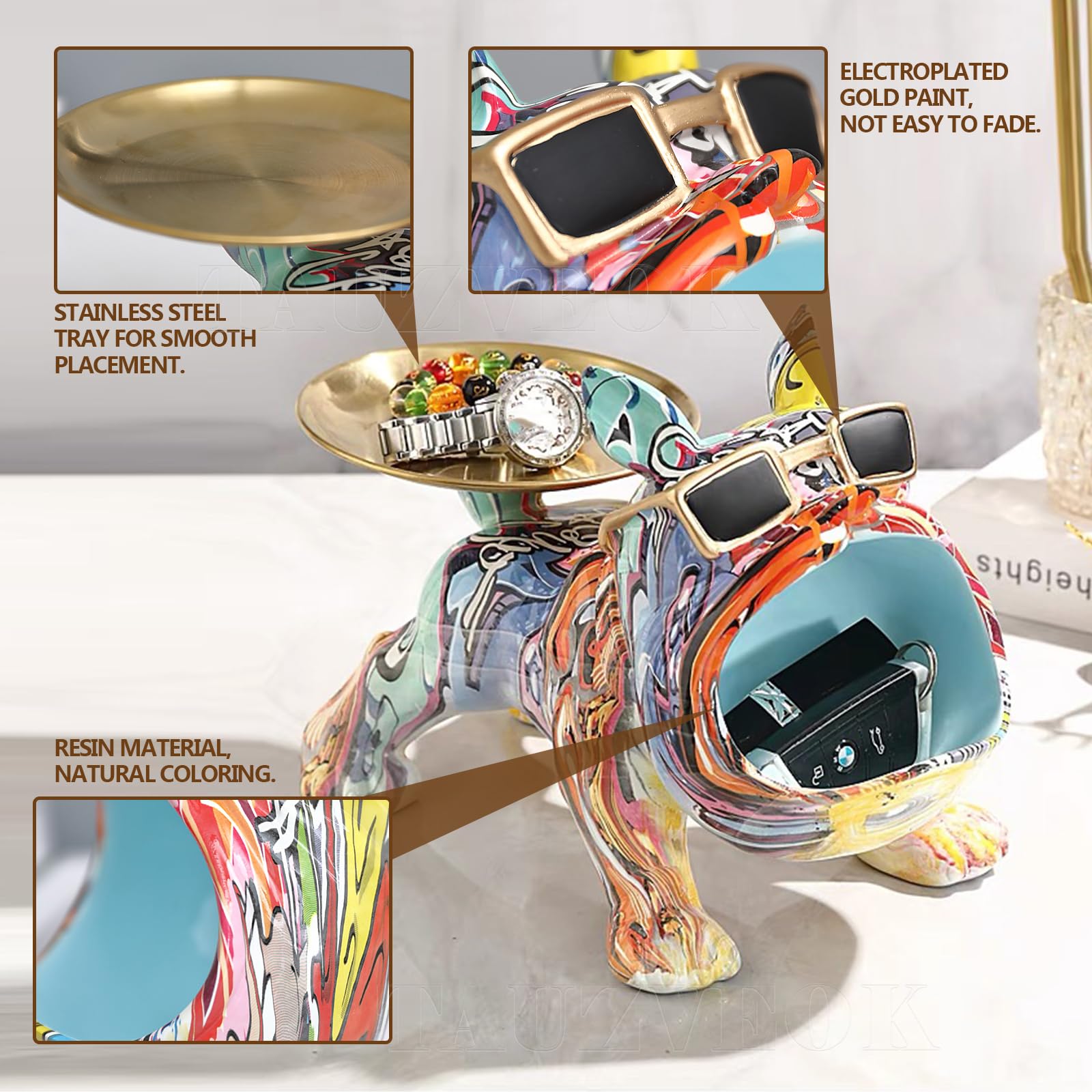 Ozdobna figurka psa do przechowywania kluczy, biżuteria cukierkowa, kolczyki, miska na klucze Bulldog Deco, z tacką, niebieska,Taca na klucze(E Blue)