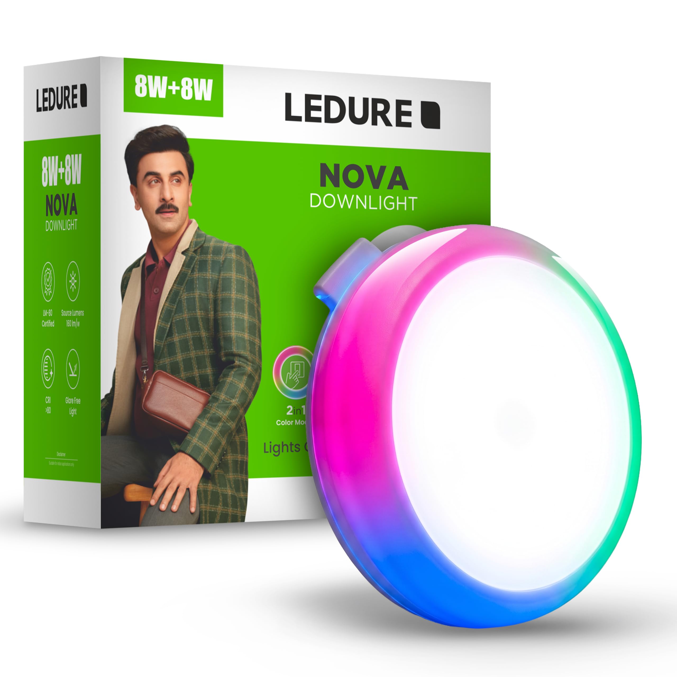 ledure nova 8w+8w false ceiling led downlight| 2-in1 round junction led light | cool white+ multi color pack of 1